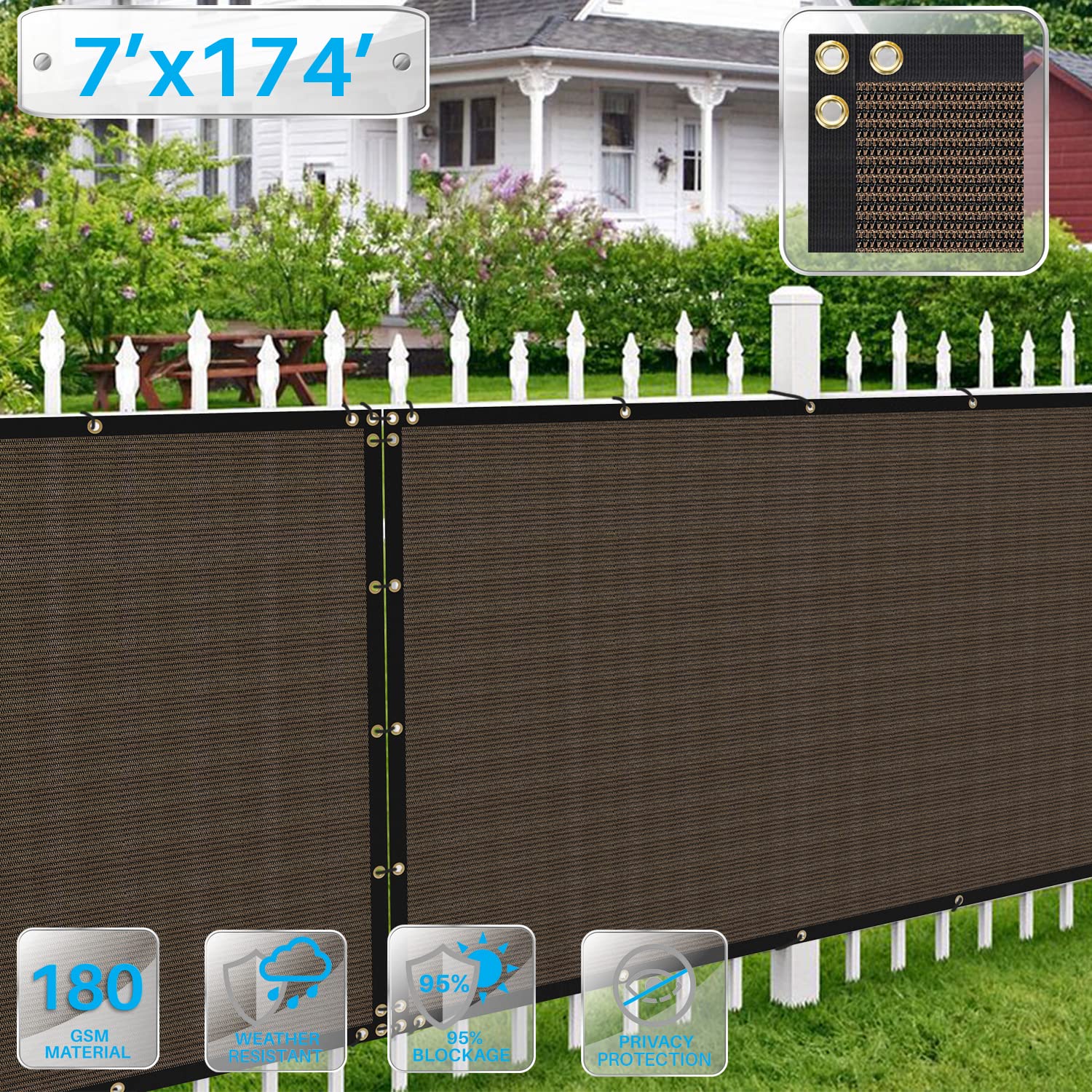 7'x174' Brown Privacy Screen Fence - UV Blocking 180 GSM Mesh Shade Net with Brass Grommets for Garden & Backyard