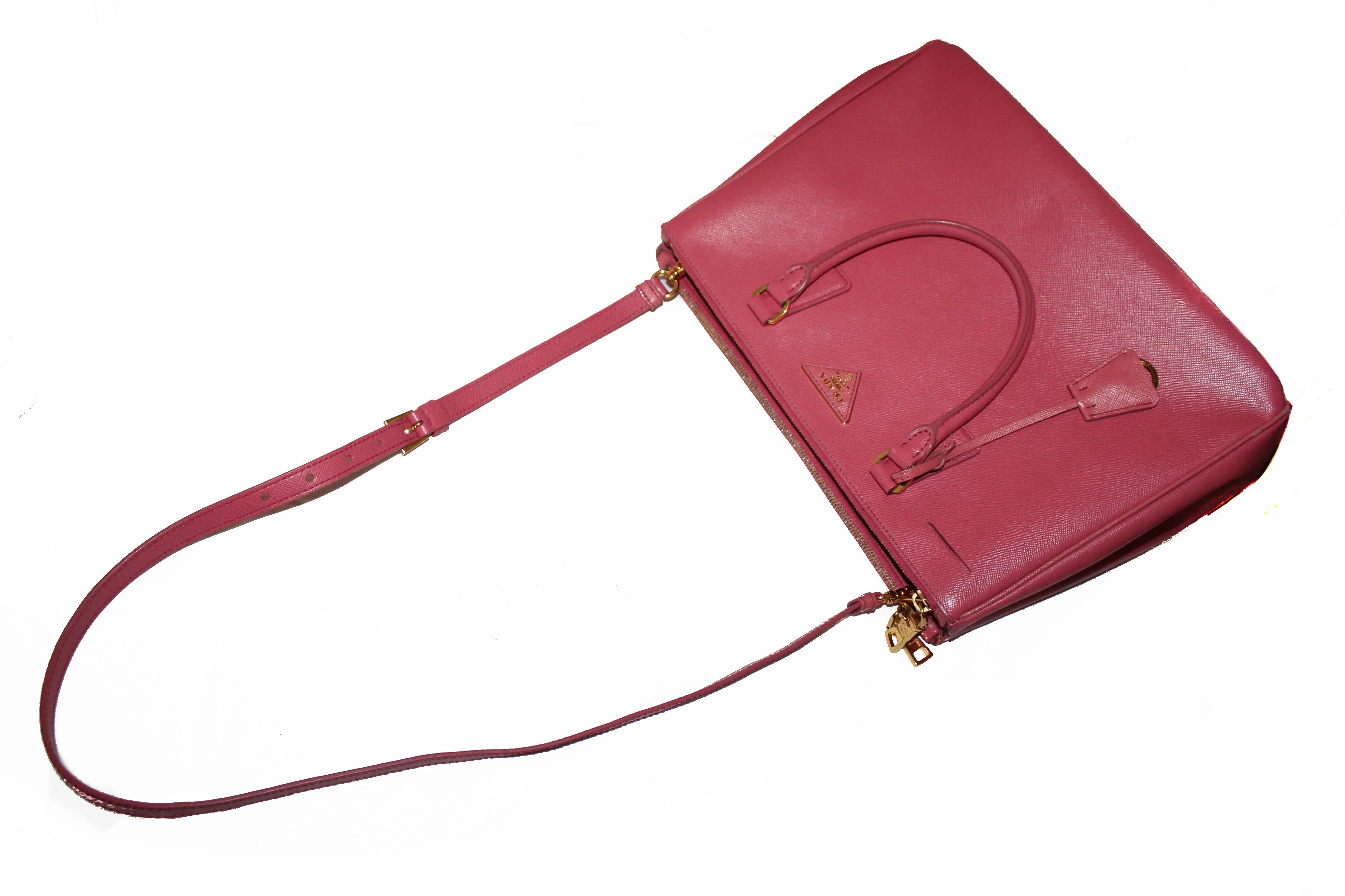 Authentic Prada Pink Saffiano Lux Leather Medium Double Zip Tote Bag for Women - Luxury Designer Handbag for Work, Travel & Everyday Use