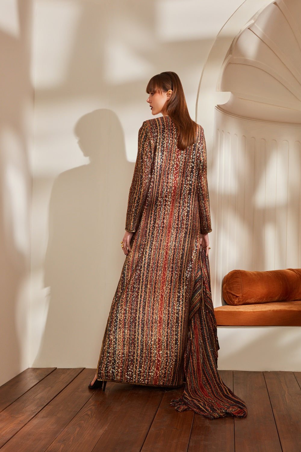 Elegant Stripe Print Sheeted Slit Dress with Baroque Hand Embroidery - Perfect for Evening Parties and Special Occasions