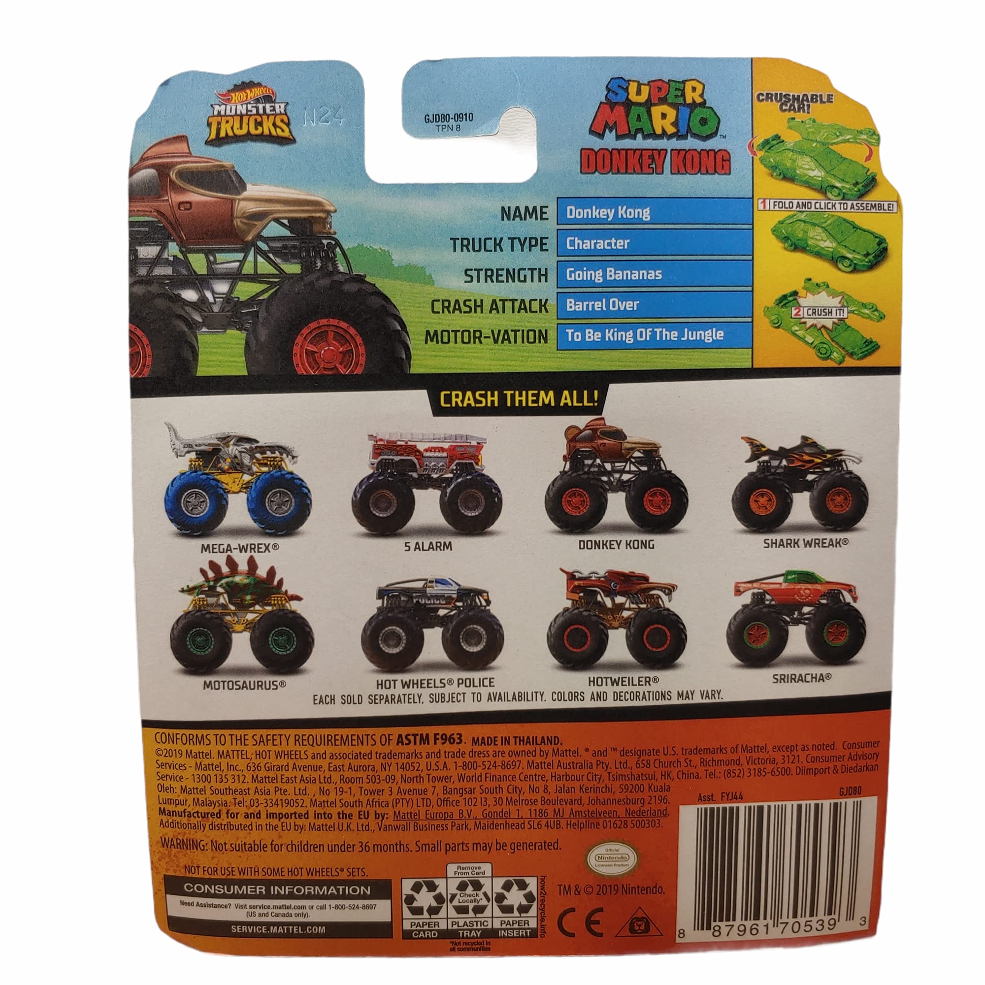 Hot Wheels Monster Trucks 1:64 Scale Super Mario Donkey Kong Die-Cast Vehicle with Crushable Car - Collectible Toy for Kids & Adults - Perfect for Playtime, Display & Gift Giving