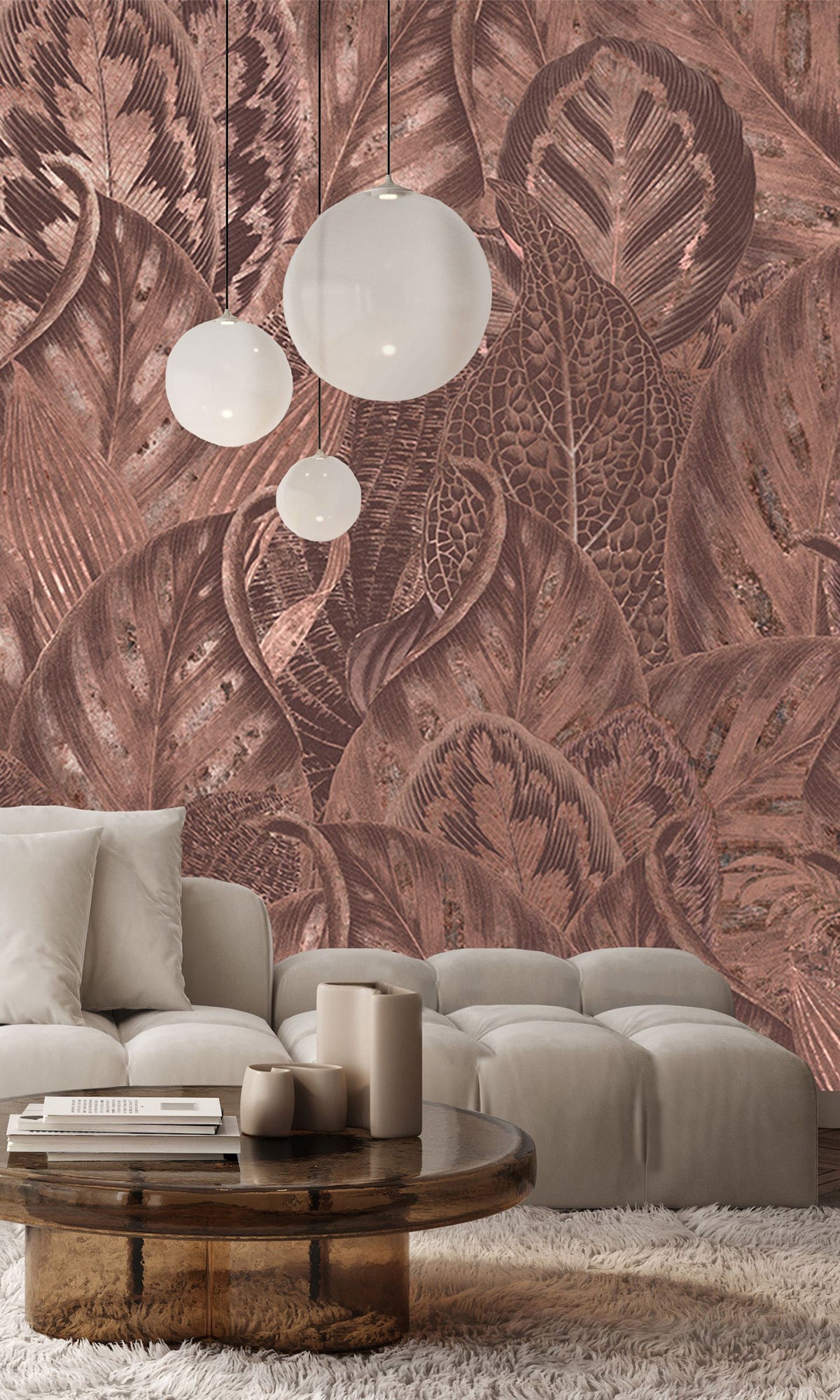 Copper Vibrant Leafy Collage Mural Wallpaper M2557 - Nature-Inspired Peel & Stick Wall Decor for Living Room, Bedroom, or Office