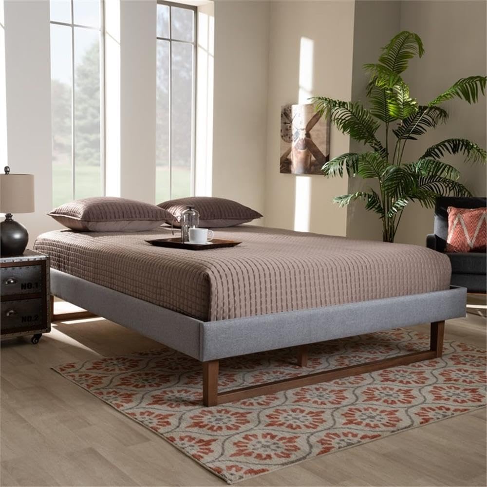 Baxton Studio Liliya Mid-Century Modern King Size Bed Frame - Light Grey Fabric Upholstery with Walnut Brown Wood Finish | Perfect for Contemporary Bedrooms & Master Suites