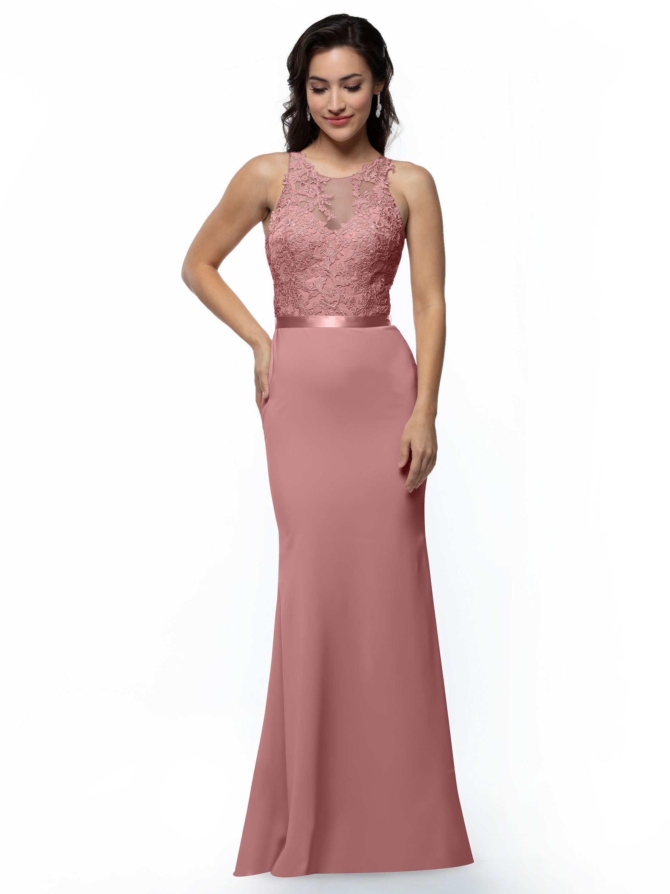 Elegant 80095 Stretch Chiffon Fit and Flare Bridesmaid Dress with Lace Illusion Bodice - Perfect for Weddings, Formal Events & Special Occasions