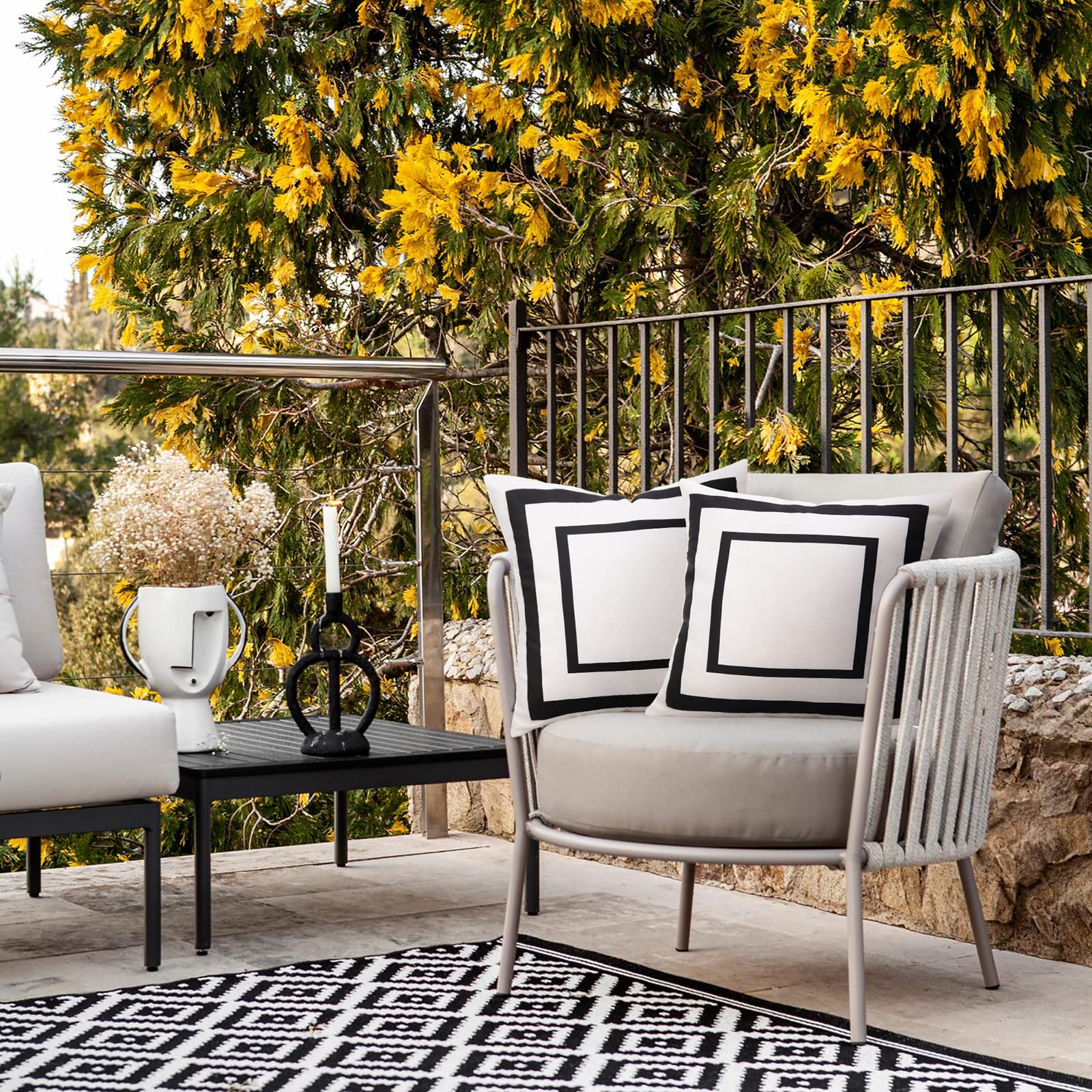 Waterproof Outdoor Throw Pillow Covers - Set of 2 Geometric Black & White 18x18 Inch Decorative Pillow Cases for Patio, Garden, Poolside & Porch Decor