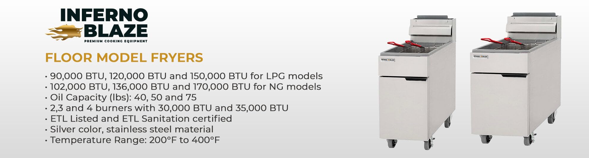 Inferno Blaze Premium IBP-GF-75-NG 75 lb Natural Gas Floor Model Fryer | 170,000 BTU Commercial Deep Fryer | ETL & NSF Certified Stainless Steel | Ideal for Restaurants, Food Trucks & Catering Businesses
