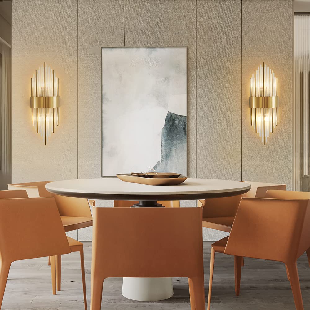 BOKT Crystal Wall Sconces Set of 2 - Modern Gold Wall Lights for Bathroom Vanity, Bedroom, Hallway - Luxury Wall Mount Lighting Fixtures for Home Decor & Interior Design