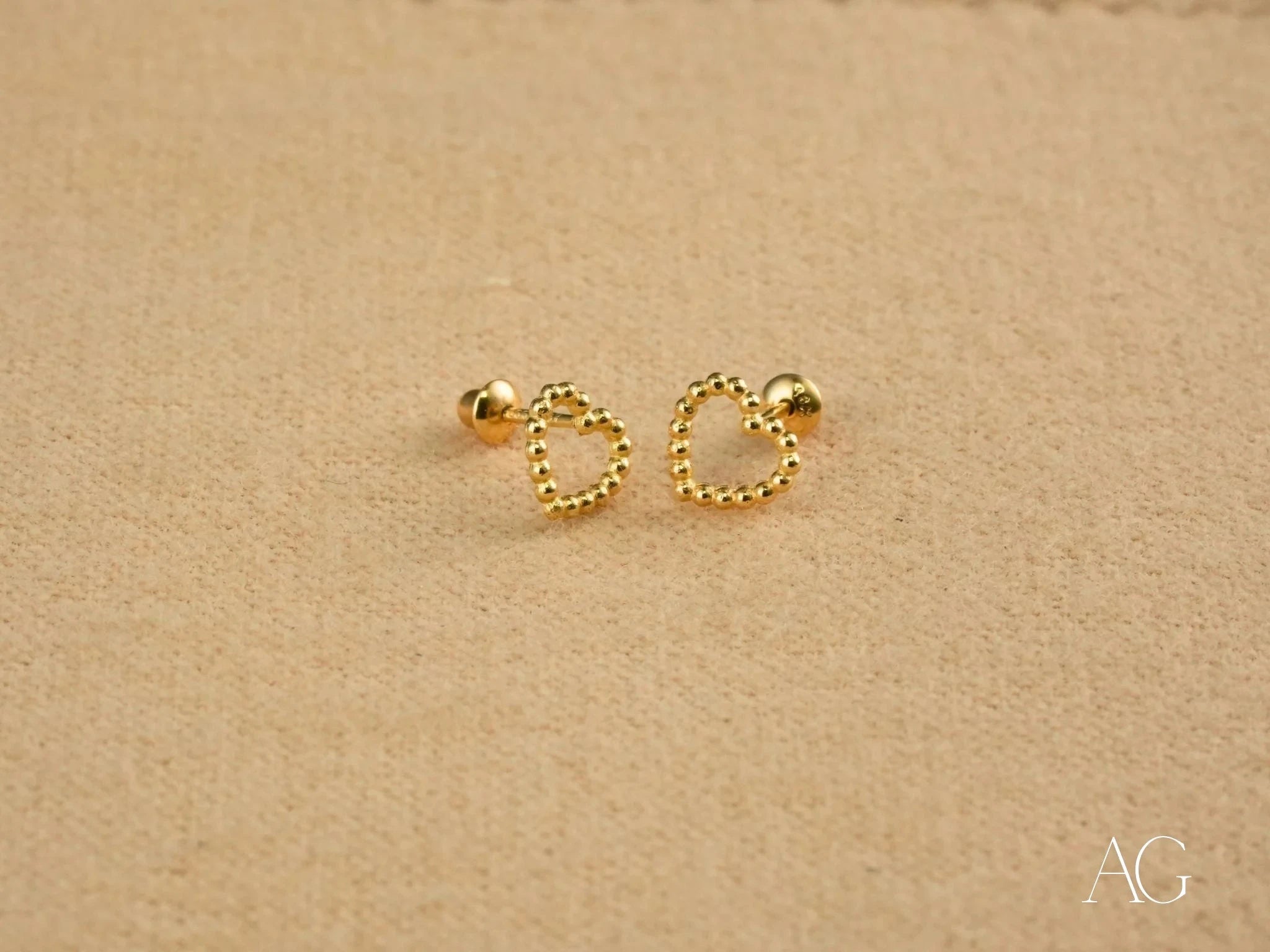 18k Gold Heart Earrings with Golden Beads - Elegant Dainty Jewelry for Women - Perfect for Valentine's Day, Anniversary Gifts & Everyday Wear