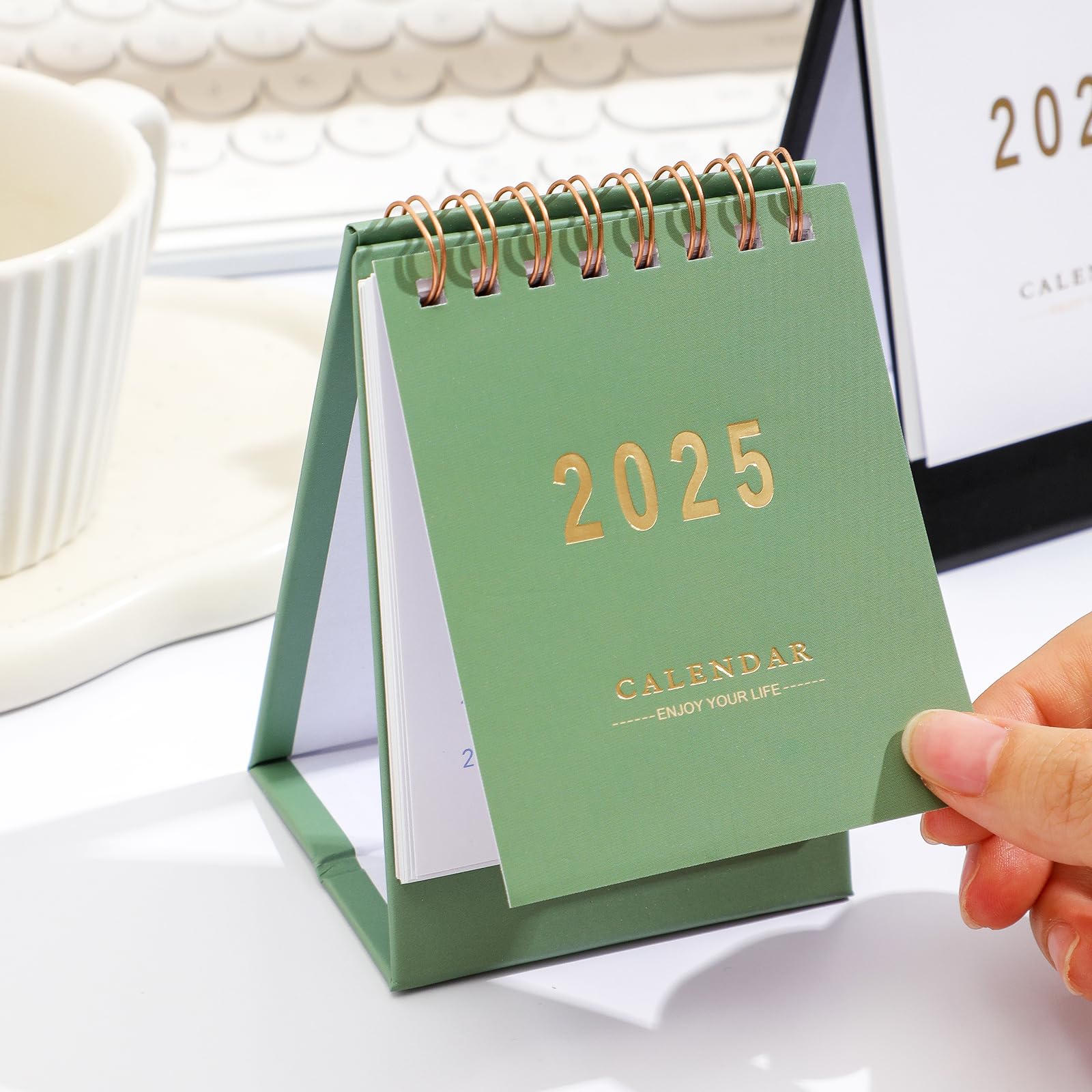 2025 Mini Desk Calendar - Standing Flip Monthly Planner with Twin-Wire Binding - Thick Paper Home & Office Desktop Calendar (Green) | Perfect for Scheduling, Gift Giving & Workspace Organization