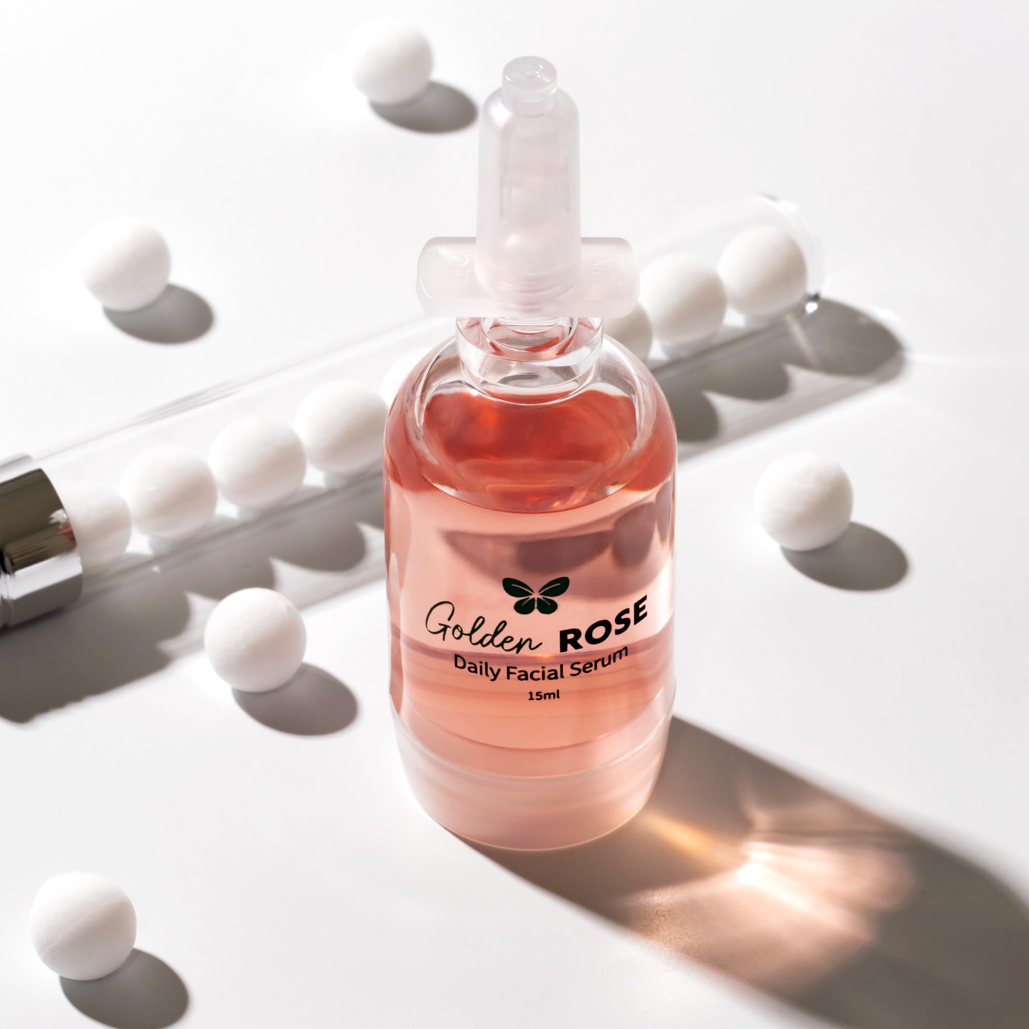 Golden ROSE Serum with CollaGEMS - Pure Rose Essential Oil Infused with Colloidal Gold, Hyaluronic Acid & Vitamin C + Collagen Balls - Anti-Aging Face Serum for Skin Firming, Brightening & Hydration | Daily Skincare Routine for Glowing Complexion