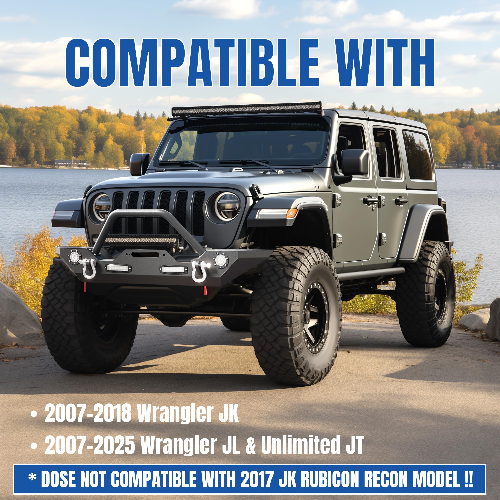 KUAFU Black Front Bumper with LED Lights, D-Rings & Winch Plate - Compatible with 2007-2025 Jeep Wrangler JK, Unlimited JL & Gladiator JT | Off-Road Adventure & Truck Protection Accessory