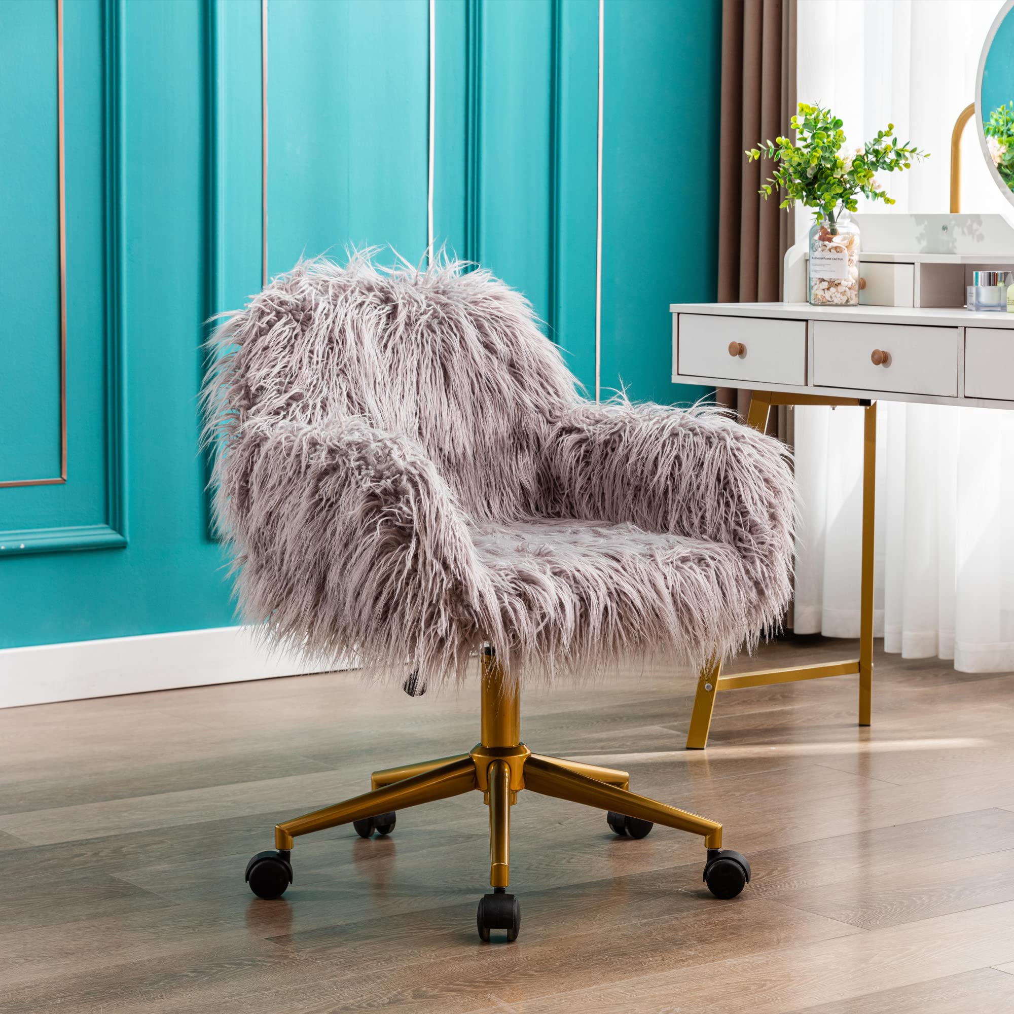 HomVent Faux Fur Office Chair with Wheels & Armrest - Modern Vanity Makeup Chair for Women, Girls Bedroom, Living Room & Home Office - Soft Grey Accent Chair for Working, Studying & Beauty Routines