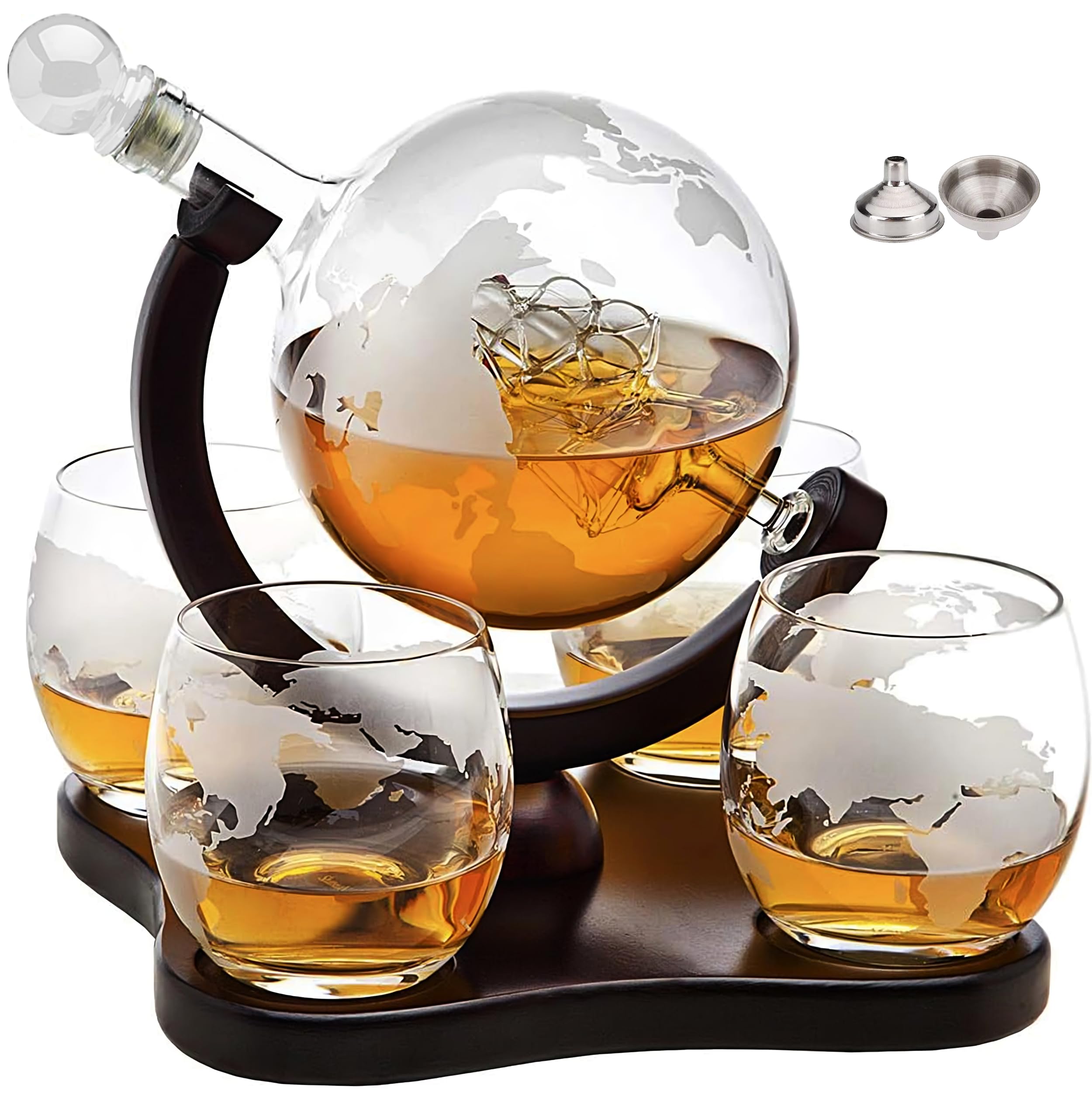 Premium Whiskey Decanter Globe Set with 4 Etched Crystal Whisky Glasses - 850ml Liquor Decanter for Bourbon, Scotch, Vodka - Perfect Gift for Men, Dad, Husband & Home Bar, Man Cave Decor