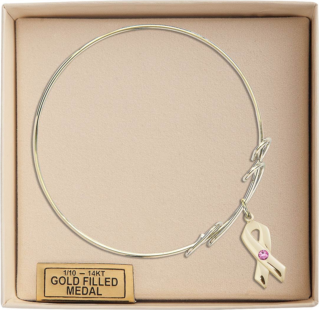 8 Inch Round Double Loop Bangle Bracelet with Cancer Awareness Charm & Rose Crystal - Elegant Jewelry for Women, Gift for Survivors, Support Awareness Events