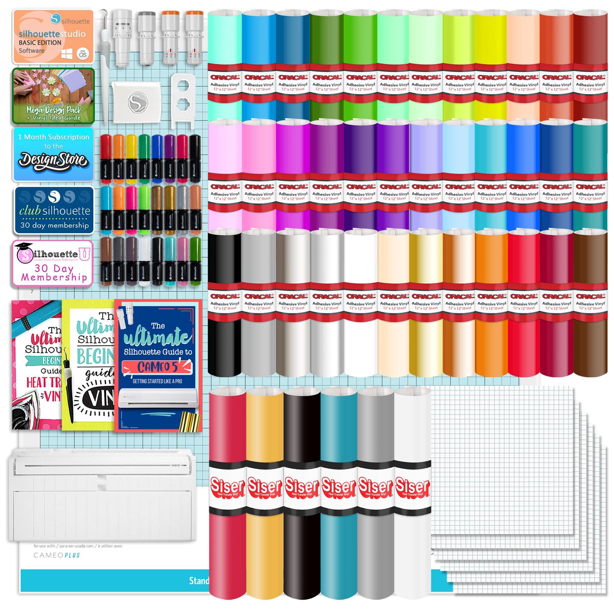 Silhouette Cameo 5 PLUS Cutting Machine with Advanced Blade Pack - Includes 38 Oracal Vinyl Sheets & Siser HTV - Perfect for DIY Crafts, Home Decor, and Custom Apparel Projects