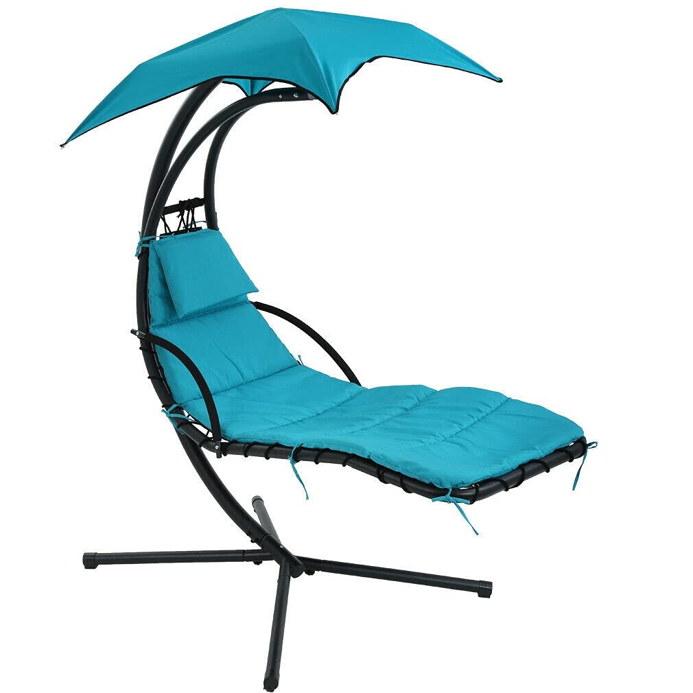 GXP Hanging Chaise Lounger Chair with Arc Stand - Convertible Air Porch Swing Hammock Chair & Canopy Sofa Bed - Outdoor Relaxation for Patio, Garden, Backyard (Blue)