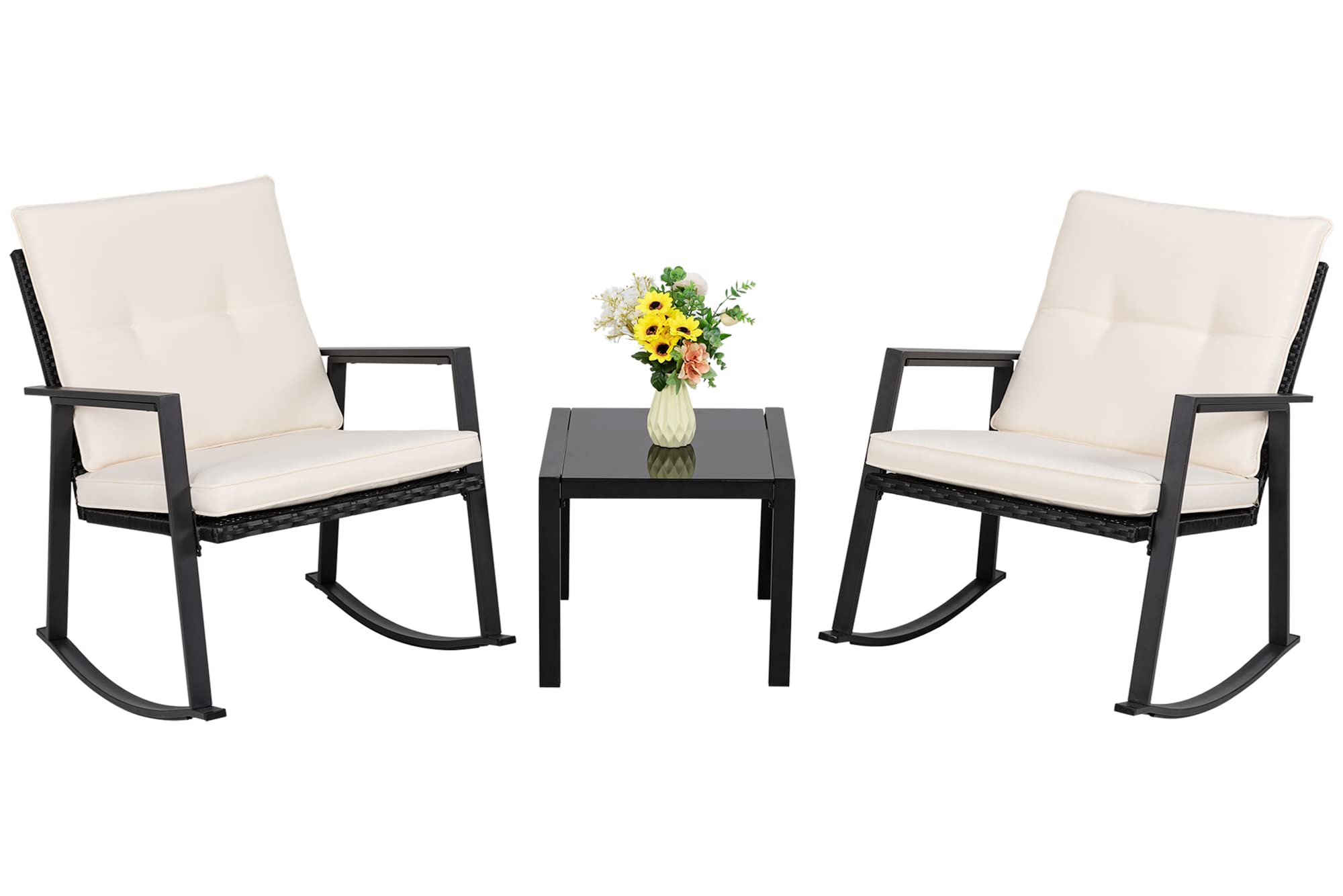 Shintenchi 3-Piece Wicker Patio Furniture Set - 2 Rattan Rocking Chairs & Glass Coffee Table, Outdoor Bistro Conversation Set for Porch, Garden, Backyard (Beige) | Perfect for Relaxing, Entertaining & Enjoying Summer Evenings
