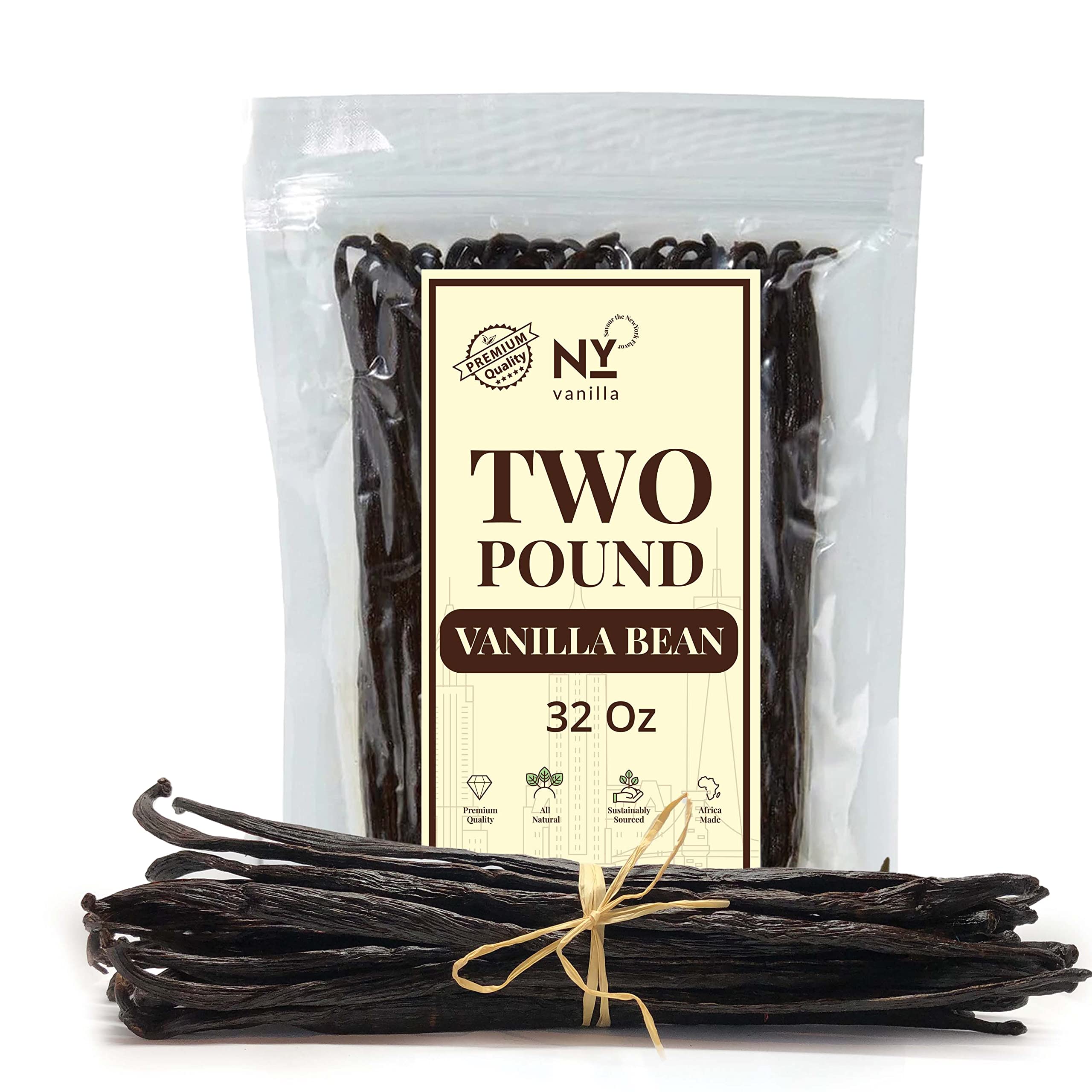 Premium 2 Lb. Bulk Grade A Vanilla Beans - Whole Vanilla Pods for Extract Making, Cooking, Baking & Desserts | Non-GMO, Natural Flavor Enhancer | Perfect for Homemade Ice Cream, Cakes & Gourmet Recipes by NY
