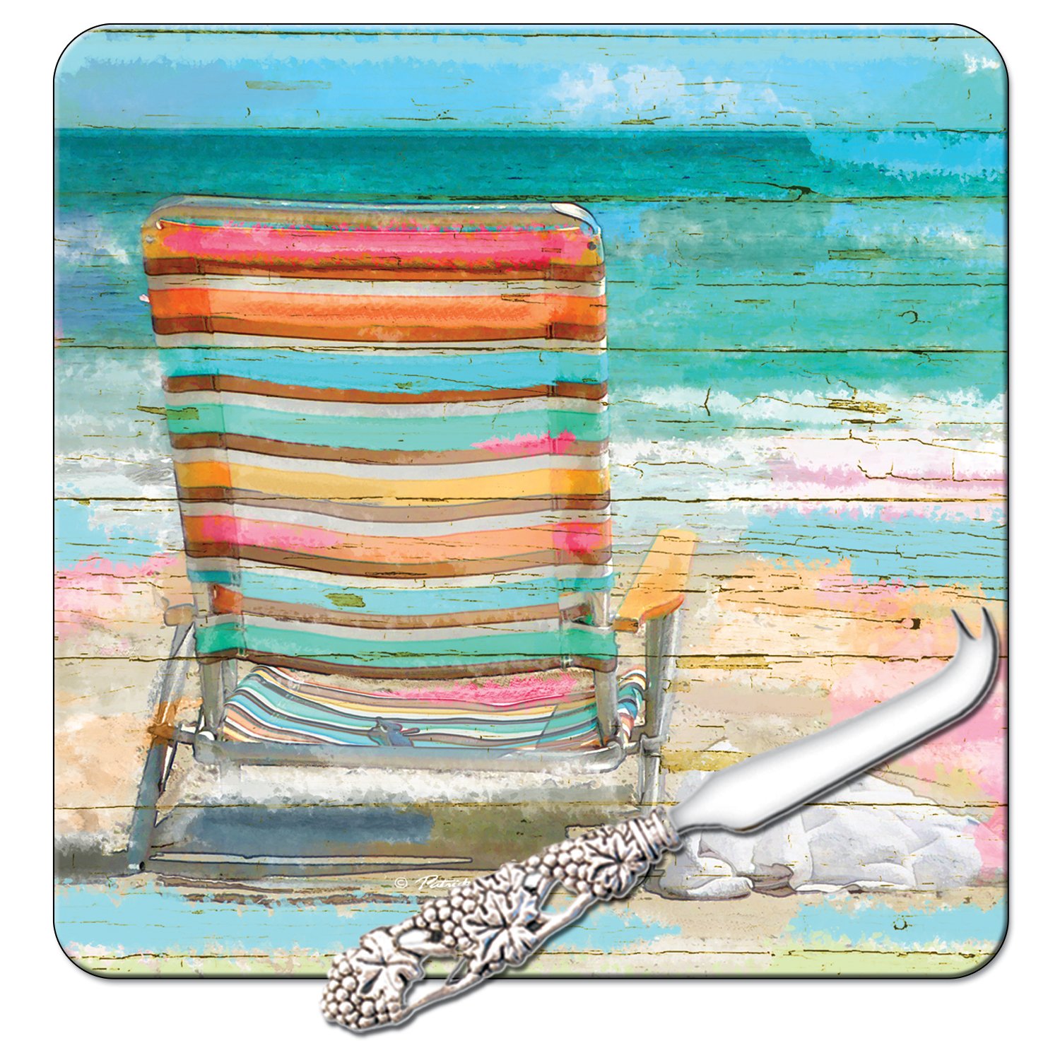 CounterArt 8-Inch Glass Cheese Serving Board with Stainless Steel Knife - Colorful Beach Chair Design - Perfect for Wine & Cheese Parties, Picnics, and Beach Gatherings