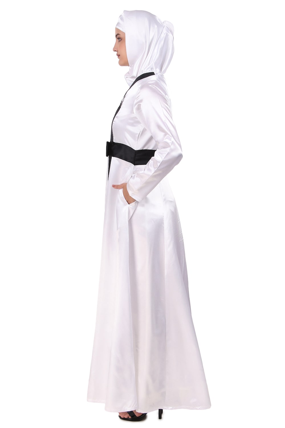 Elegant White Satin Abaya Dress for Women - Modest Islamic Prayer Dress for Mosque & Special Occasions