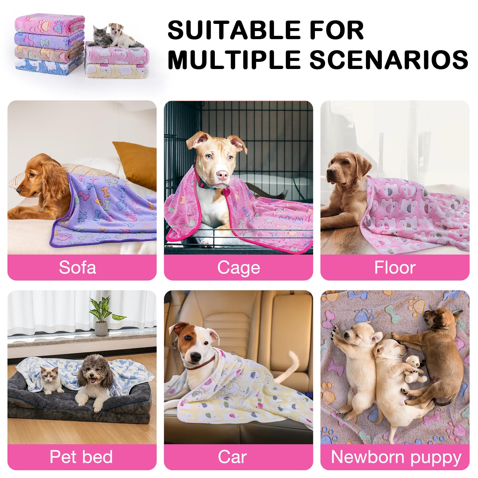 **Dono 1 Pack 6 Soft Fluffy Fleece Dog Blankets for Small, Medium & Large Dogs - Paw Print Design, Warm & Cozy Pet Blanket for Sleeping, Cuddling - Perfect for Beds, Couches & Travel (Pink)**