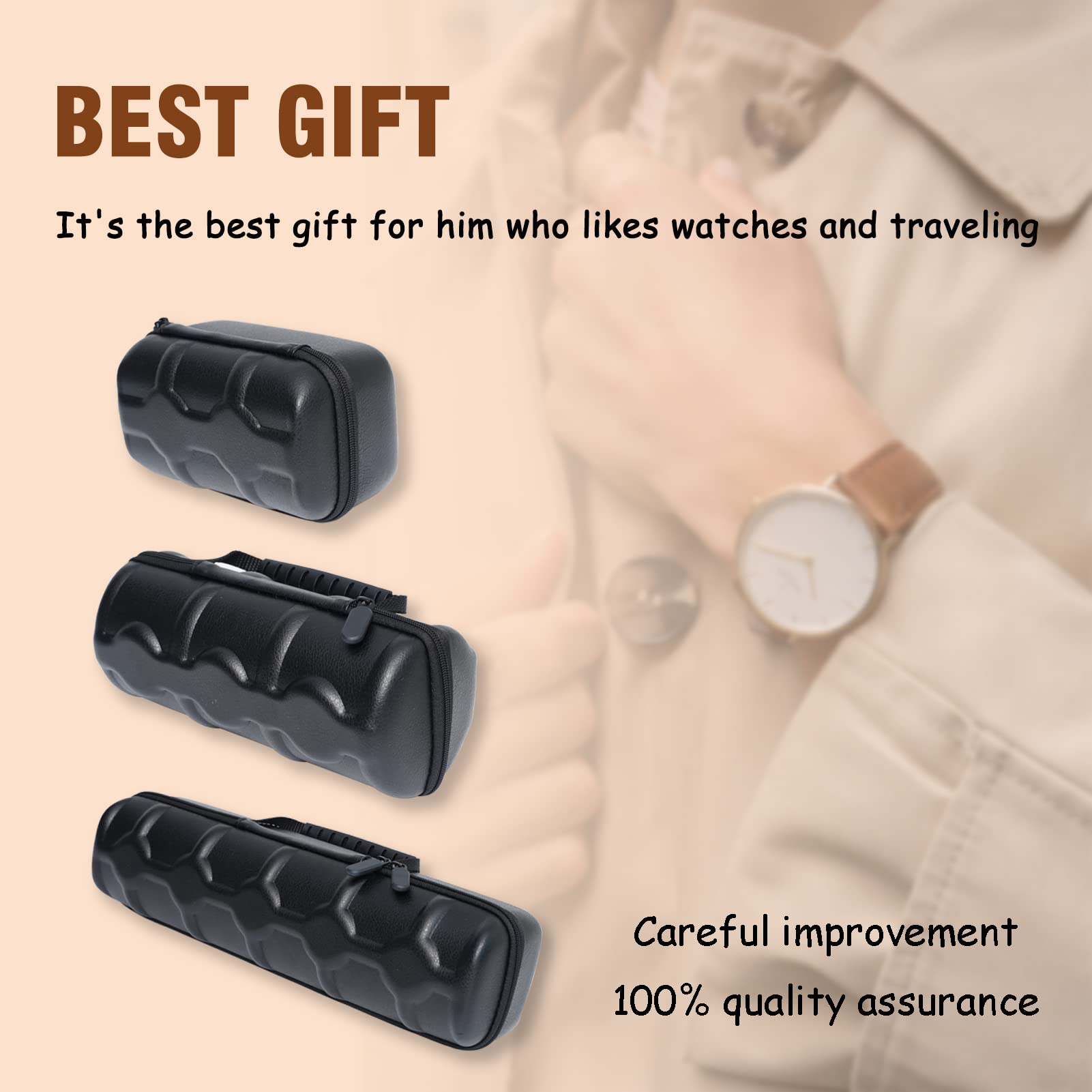 Premium 3-Slot Watch Travel Case for Men - PU Leather Watch Roll Organizer with Reinforced Zippers & Soft Watch Pillows - Fits Small to Large Watches - Perfect for Business Travel, Vacation & Watch Collection Storage