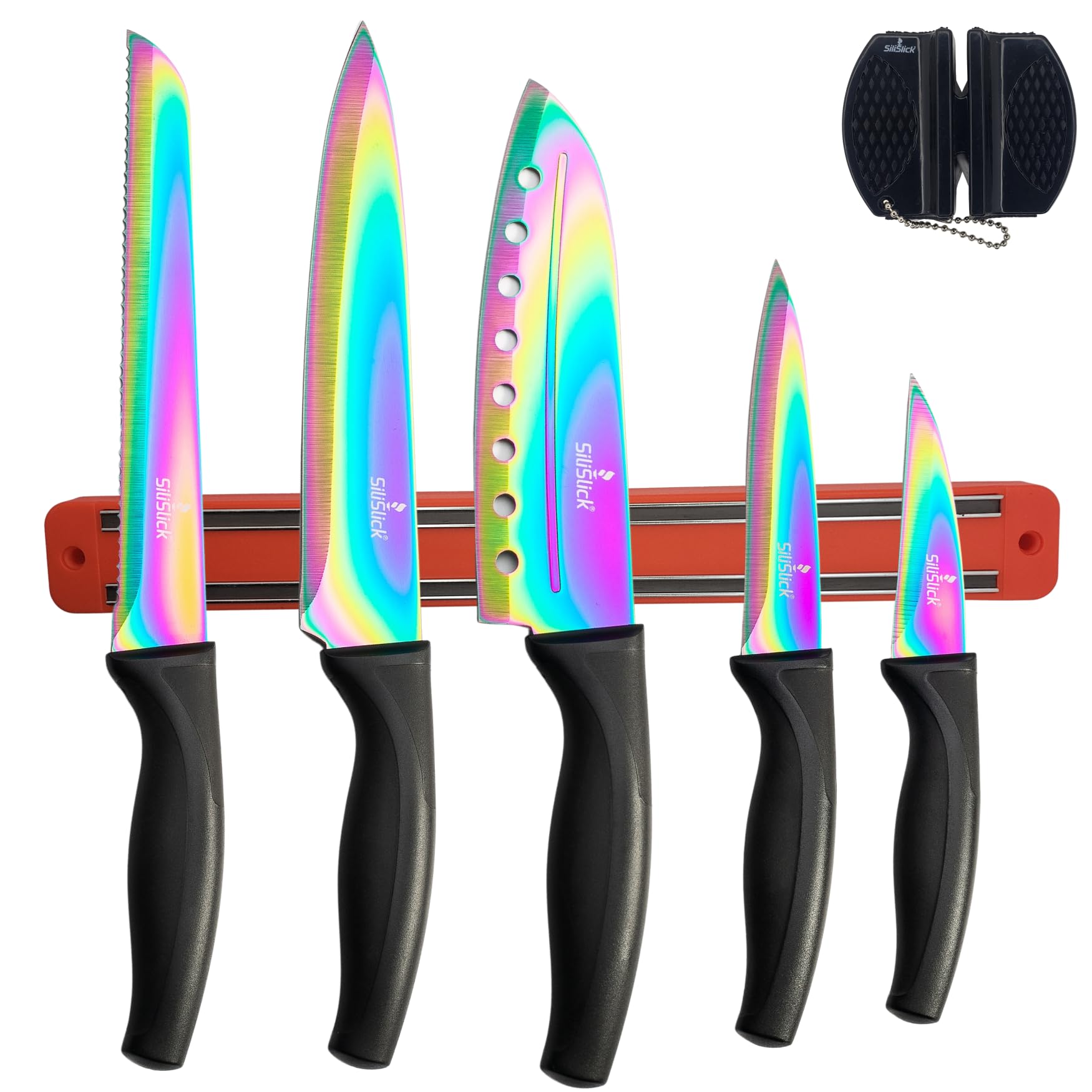 5-Piece Colorful Kitchen Knife Set with Knife Sharpener & Magnetic Wall Bar - Titanium Non-Stick Coated Stainless Steel - Dishwasher Safe - Perfect for Home Cooking, Gift & Professional Chefs