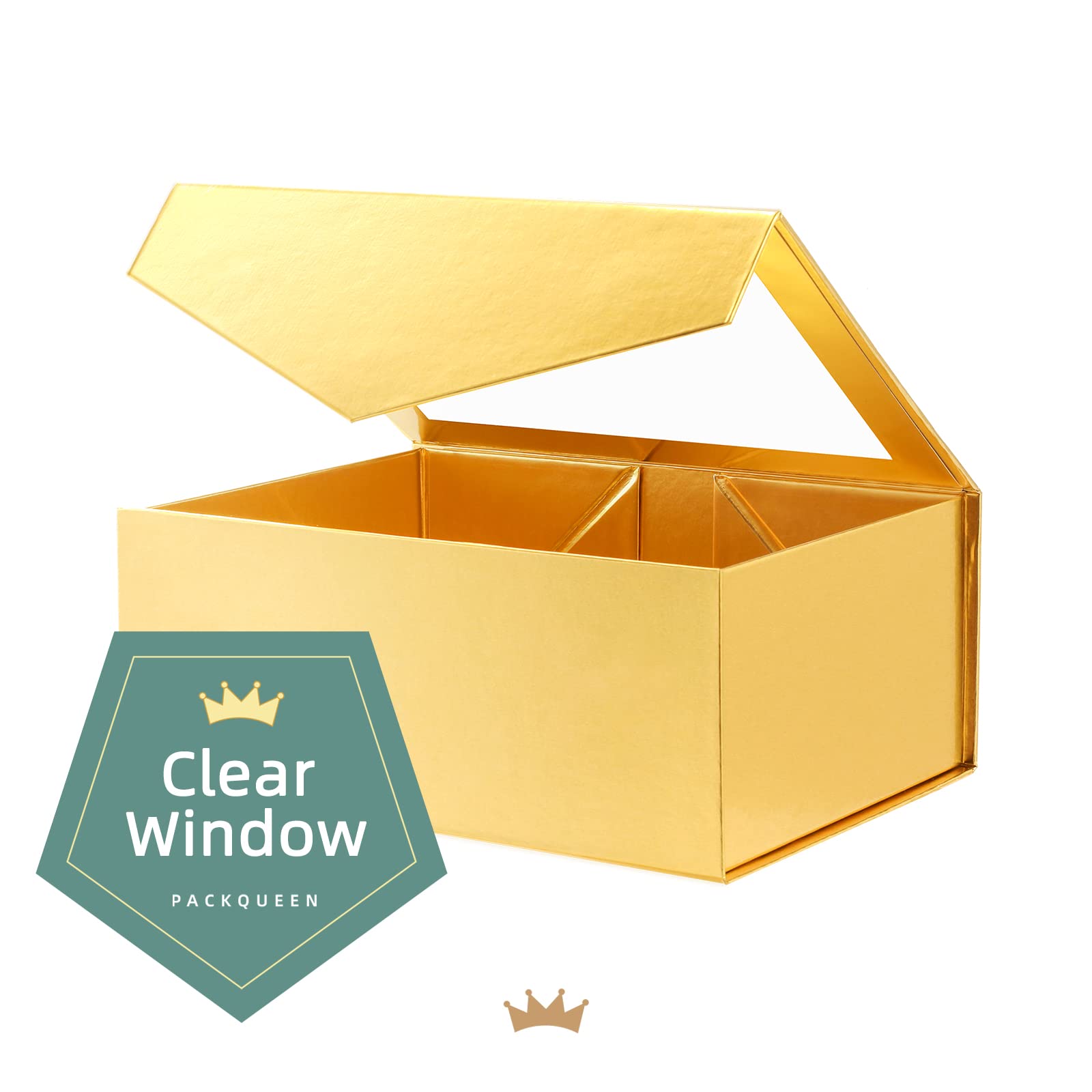 9x6.5x3.8 Inch Gold Gift Box with Clear Window - Magnetic Lid Bridesmaid Proposal Box, Christmas Present Box with Ribbon & Card (Glossy Gold) | Perfect for Wedding Favors, Birthday Gifts & Holiday Packaging