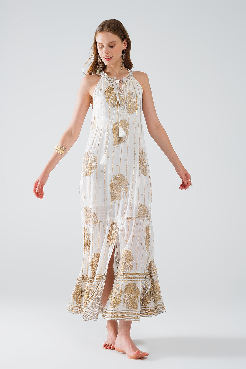Boho Maxi Silk Chiffon Robe with Golden Floral Print - Perfect for Beach Cover-Ups, Summer Dresses & Boho Chic Outfits