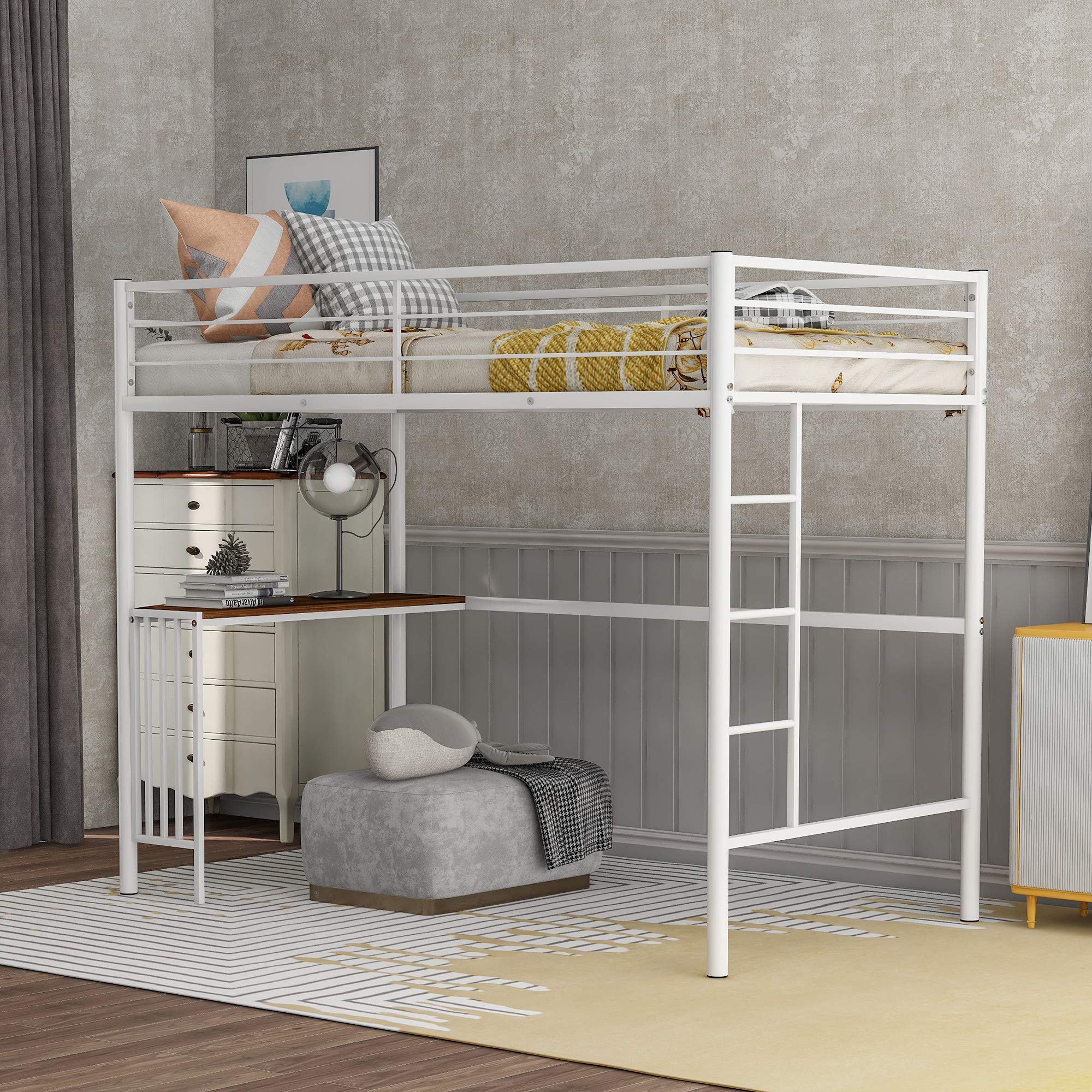 P PURLOVE Twin Size Metal High Loft Bed with Desk & Shelf - Sturdy Space-Saving Loft Bed for Kids & Teens - No Box Spring Needed - Perfect for Small Bedrooms, Dorms & Studio Apartments