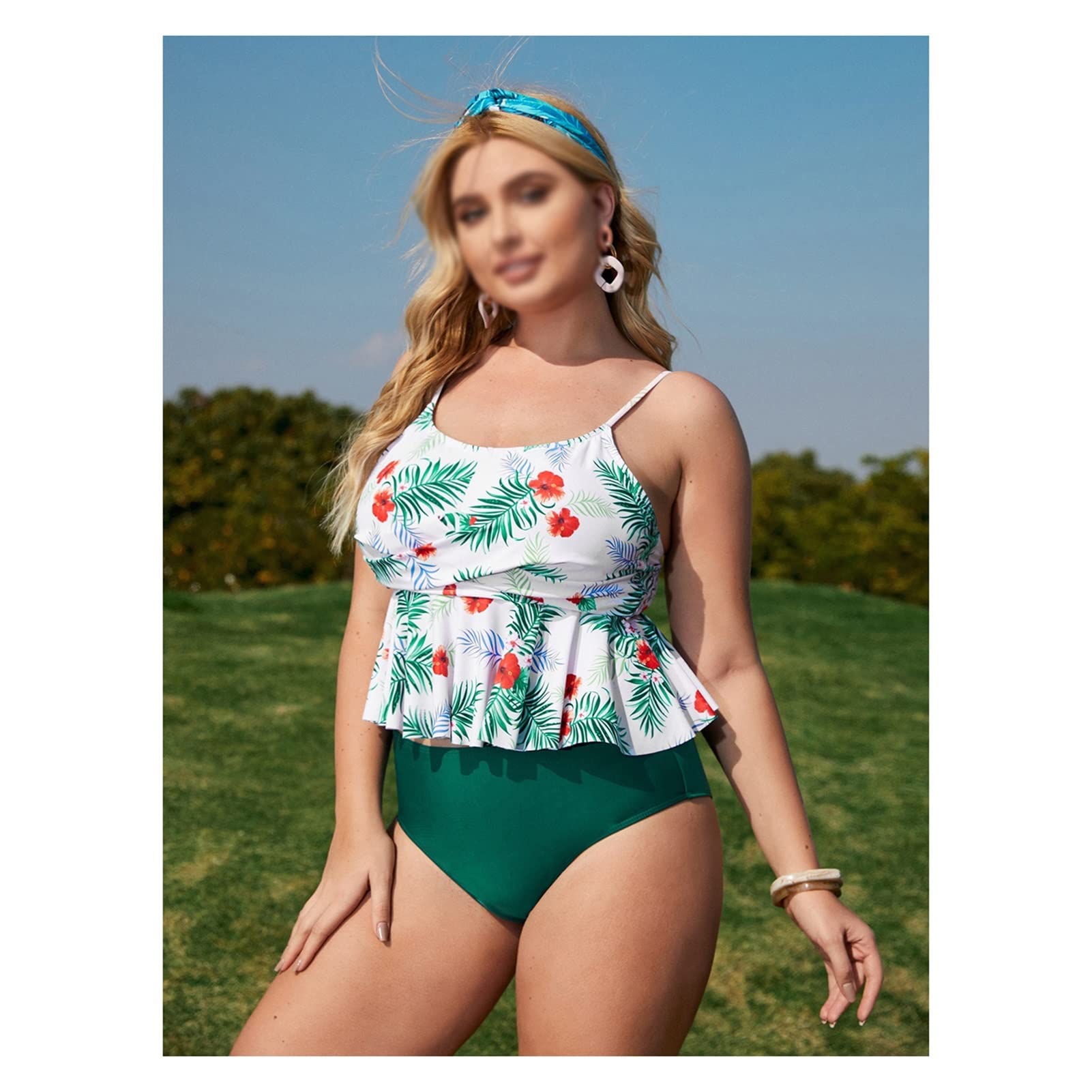 XWWDP Plus Size Women's High Waist Bikini Set - Floral Print Swimsuit for Beach & Pool (Color A, Size XL) | Perfect for Summer Vacation, Tropical Getaways & Water Sports