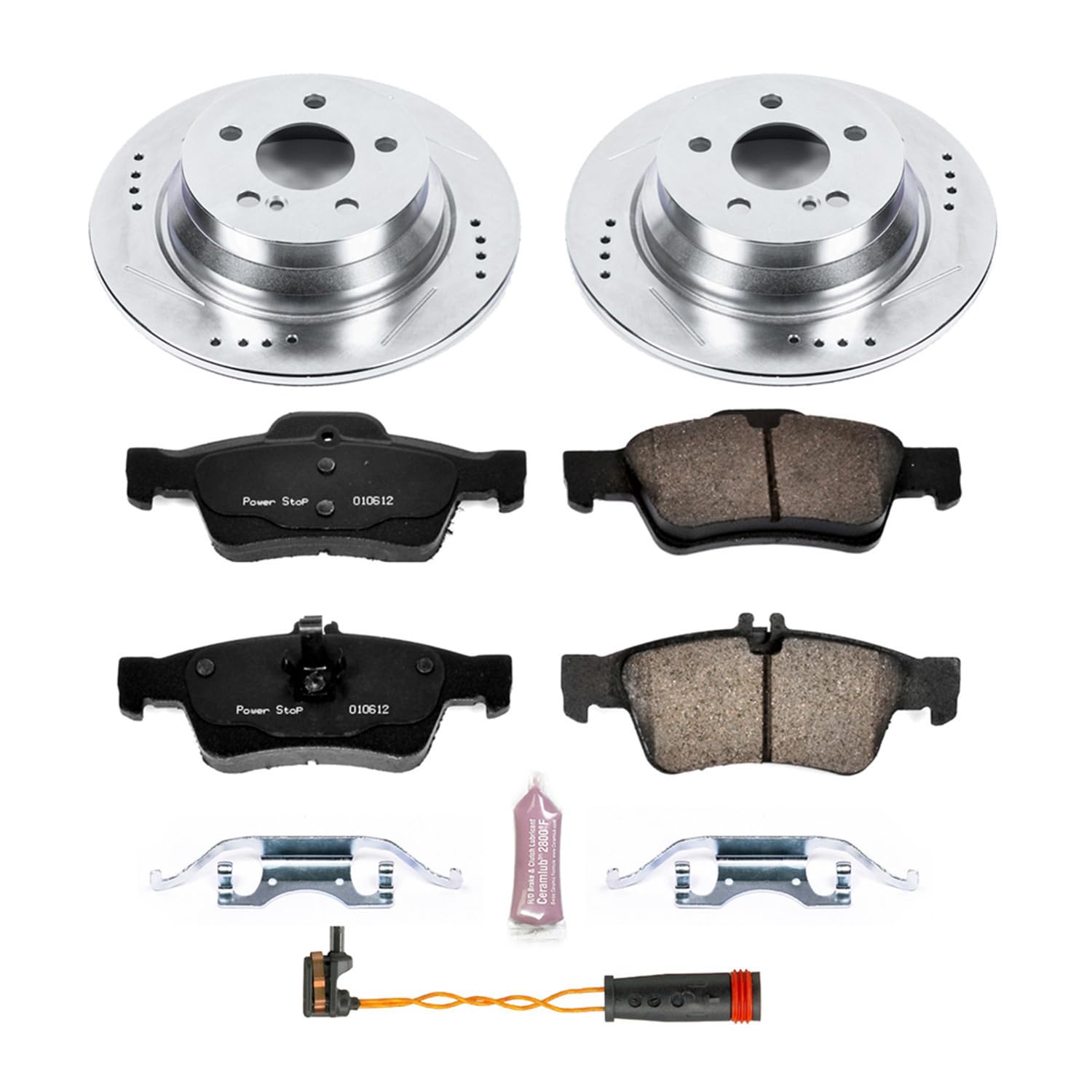Power Stop K5320 Rear Z23 Carbon Fiber Brake Pads with Drilled & Slotted Brake Rotors Kit - Includes 2 Rear Sensor Wires | High-Performance Braking for Trucks, SUVs & Performance Cars | Perfect for Towing, Off-Road & Daily Driving