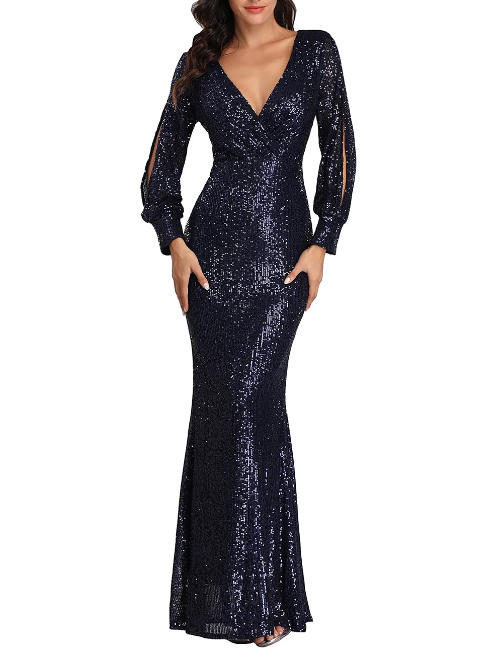 ARFAR Women's Sequin Evening Gown - Elegant Long Sleeve V-Neck Formal Dress with Thigh High Slit for Prom, Wedding, Cocktail Party & Special Occasions
