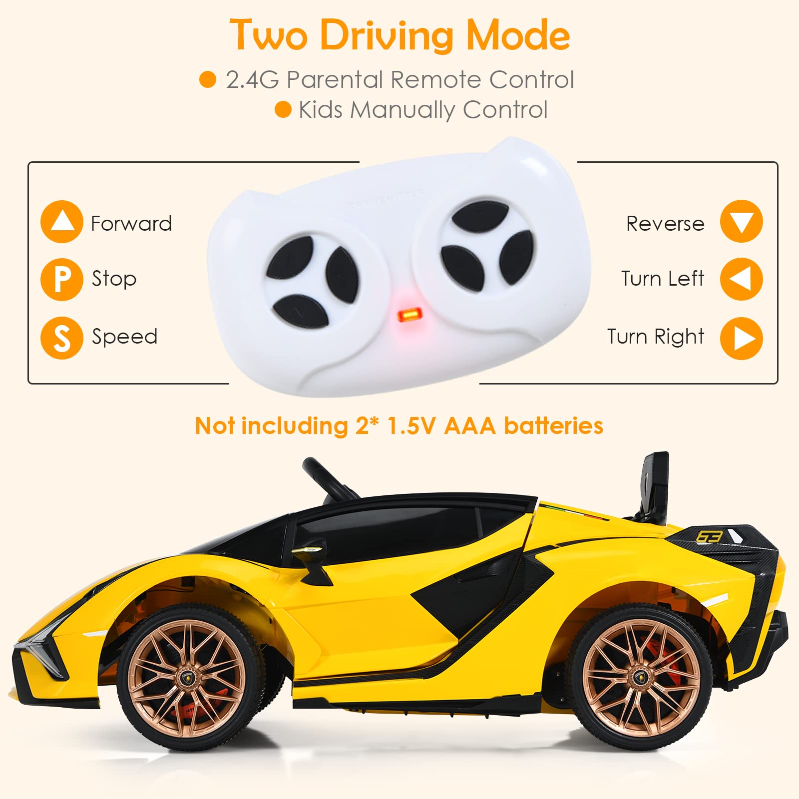 OLAKIDS Licensed Lamborghini SIAN 12V Electric Ride On Car for Kids - Remote Control, 2 Speed, LED Lights, Bluetooth & Music - Battery Powered Toy Vehicle for Toddlers (Yellow) - Perfect for Birthday Gifts, Outdoor Play & Indoor Fun