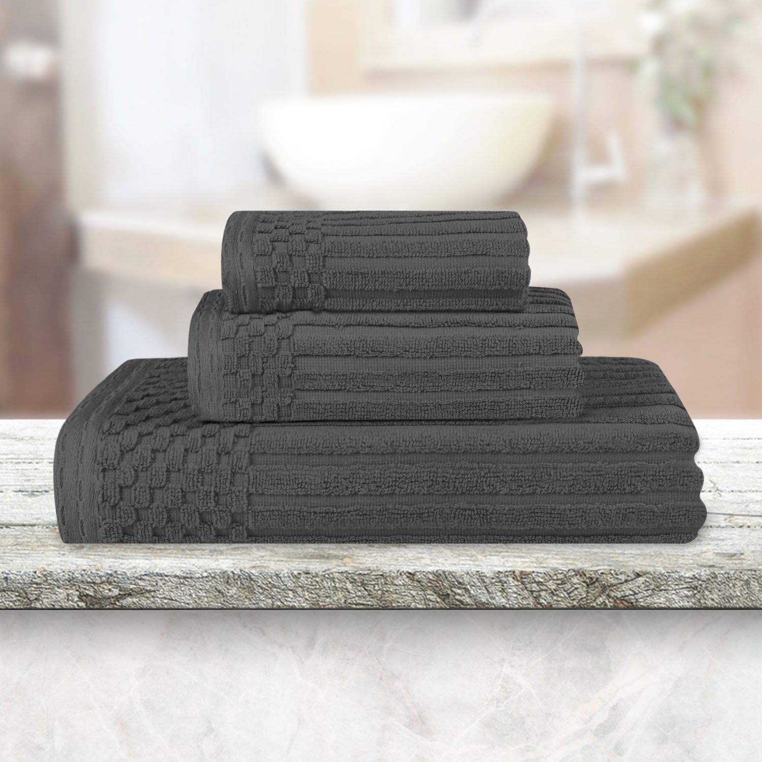 Premium Soho Ribbed Textured Cotton Bath Towel Set - Ultra Absorbent 3-Piece Towel Collection for Spa, Bathroom & Guest Use | Soft Luxury Towels for Home & Hotel