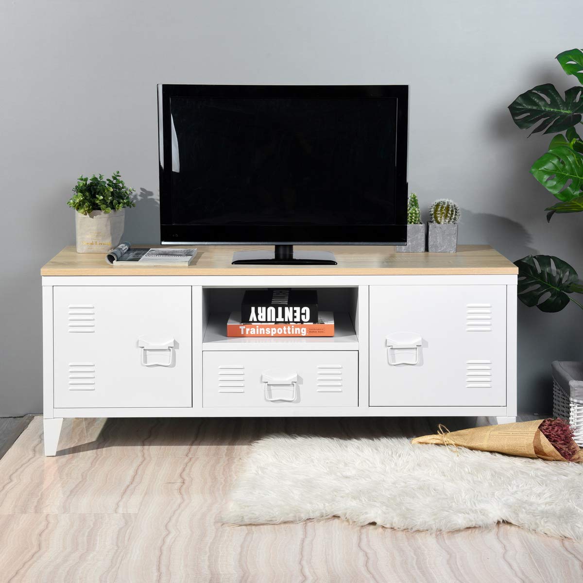Mid-Century Modern Coffee Table with Hidden Storage - Solid Wood Top & Sturdy Iron Base Sofa Console Table with Metal Cabinets - White 47