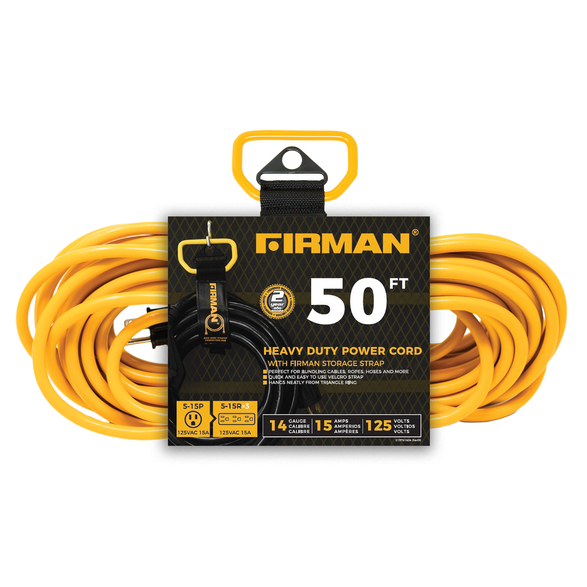 50ft Medium Duty 5-15P to (3) 5-15R Generator Power Cord with Storage Strap - Perfect for Home Backup Power, RV Camping & Emergency Power Outages