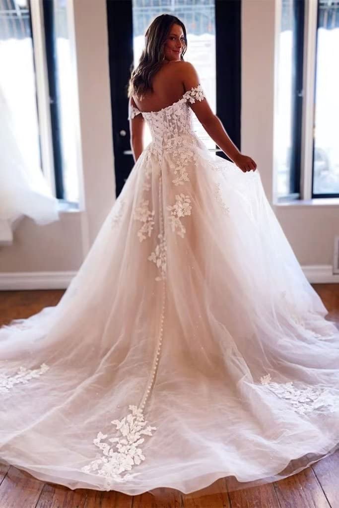 XYAYE Off Shoulder Lace Tulle Wedding Dress for Bride - Beaded Puffy Bridal Gown with Train - Perfect for Beach, Church, and Formal Wedding Ceremonies
