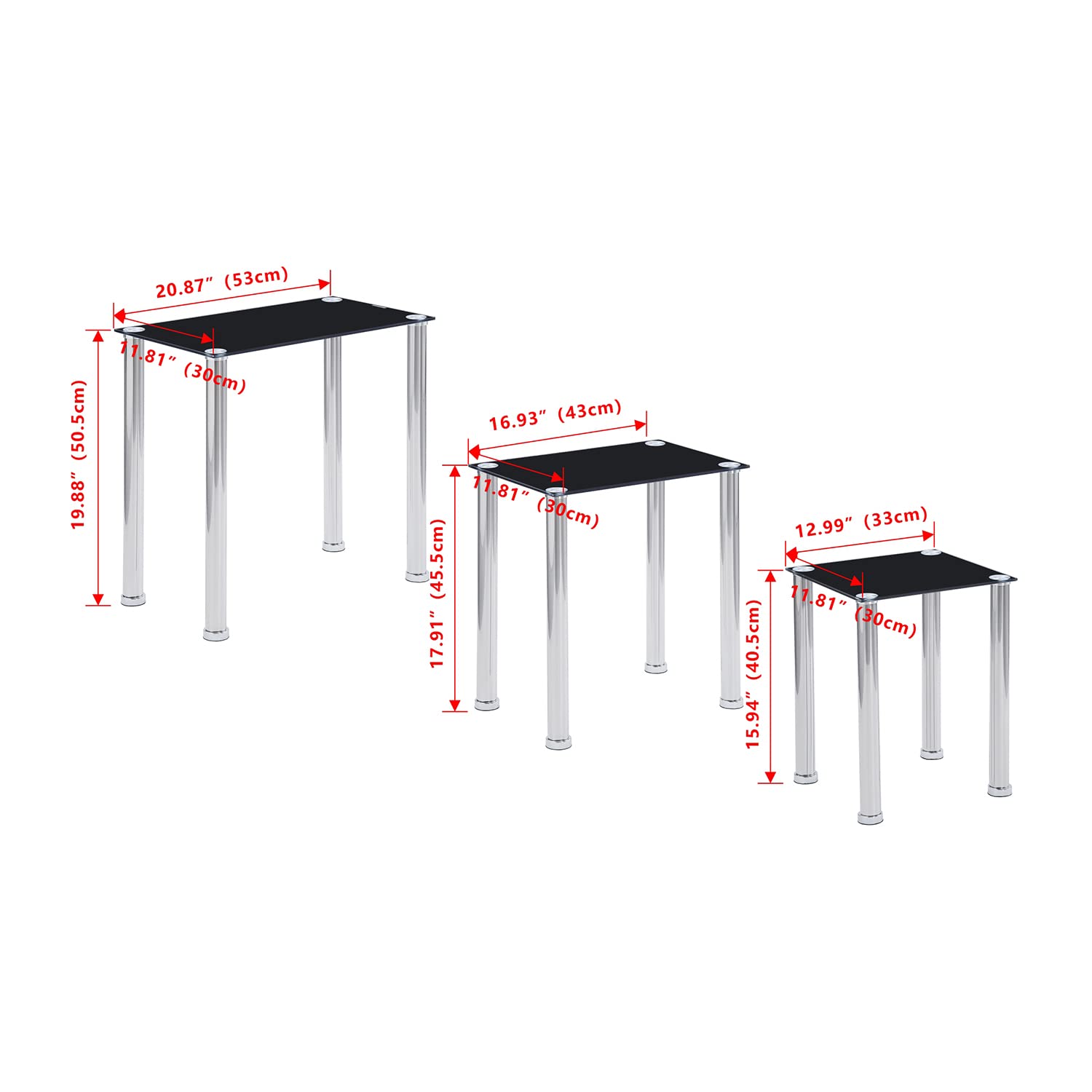 3-Piece Black Glass Nesting Coffee Table Set with Silver Legs - Stackable End Tables for Living Room, Sofa Side, and Small Space Decor - Tempered Glass Top for Durability & Style