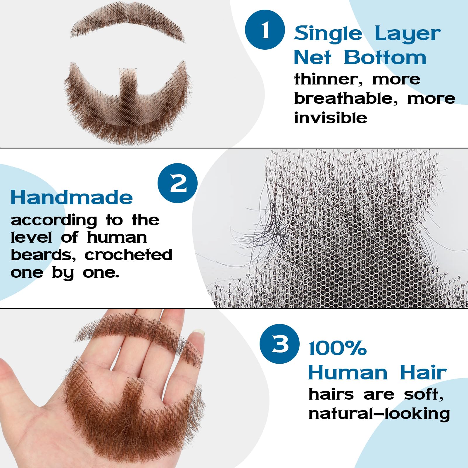 100% Real Human Hair Full Hand-Tied Lace Fake Mustache & Goatee Set - Natural Brown Beard for Men - Realistic Costume Mustache for Halloween, Cosplay, Theater & Movie Props - Perfect for Parties, Dramatic Performances & Entertainment Events