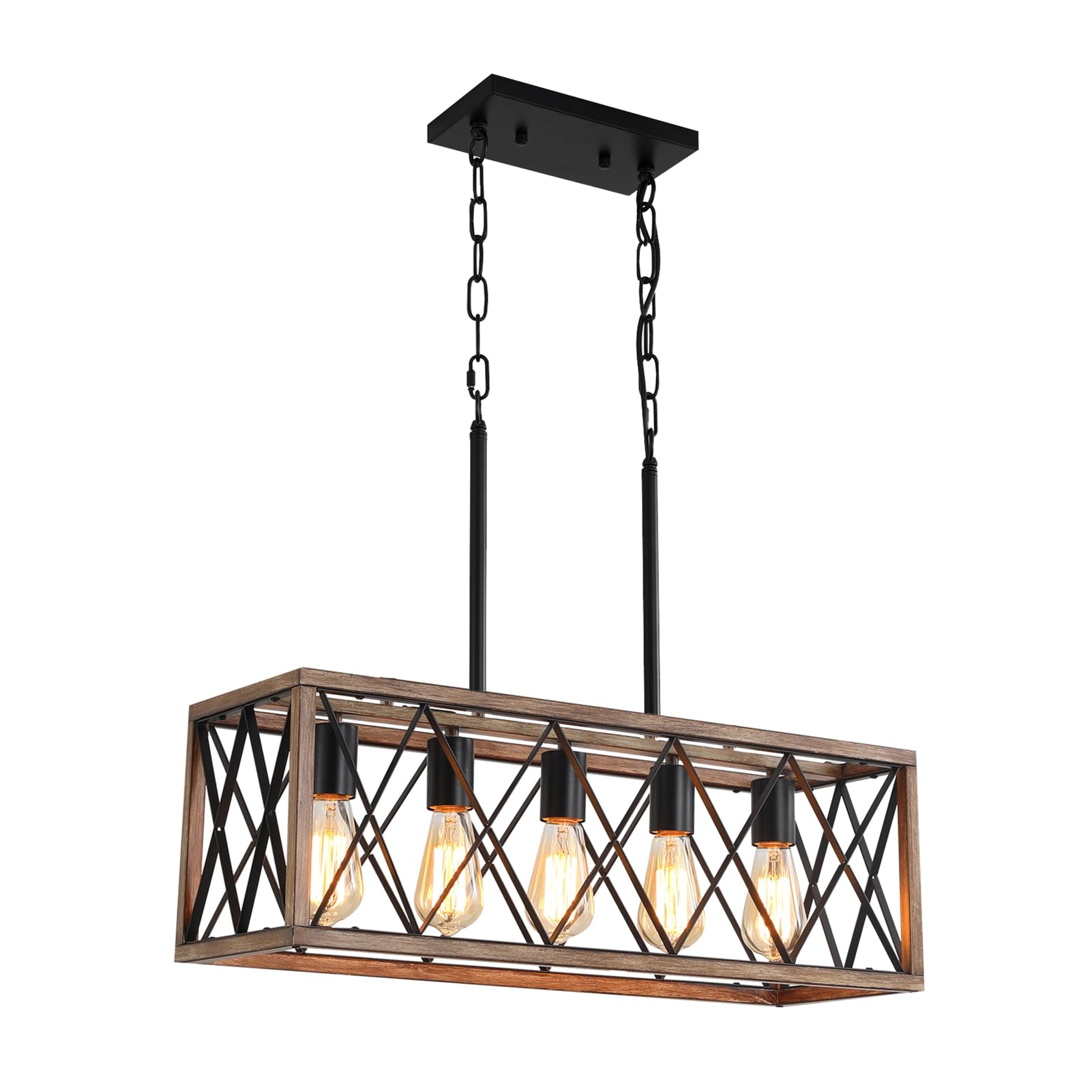 Rustic 5-Light Farmhouse Chandelier for Dining Room - Adjustable Height Wood Finish Linear Pendant Light for Kitchen Island, Dining Table & Pool Table | Perfect for Country Homes, Restaurants & Game Rooms