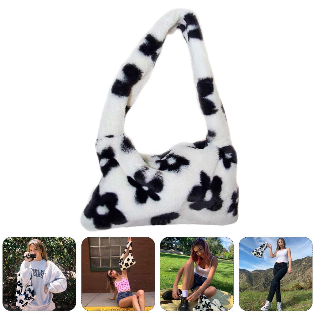 ABOOFAN Women's Plush Cow Print Shoulder Bag - Faux Fur Clutch Handbag, Crossbody Purse & Tote in Black & White | Winter Fashion Accessory, Holiday Gift, Party Outfit Essential, Casual Everyday Use