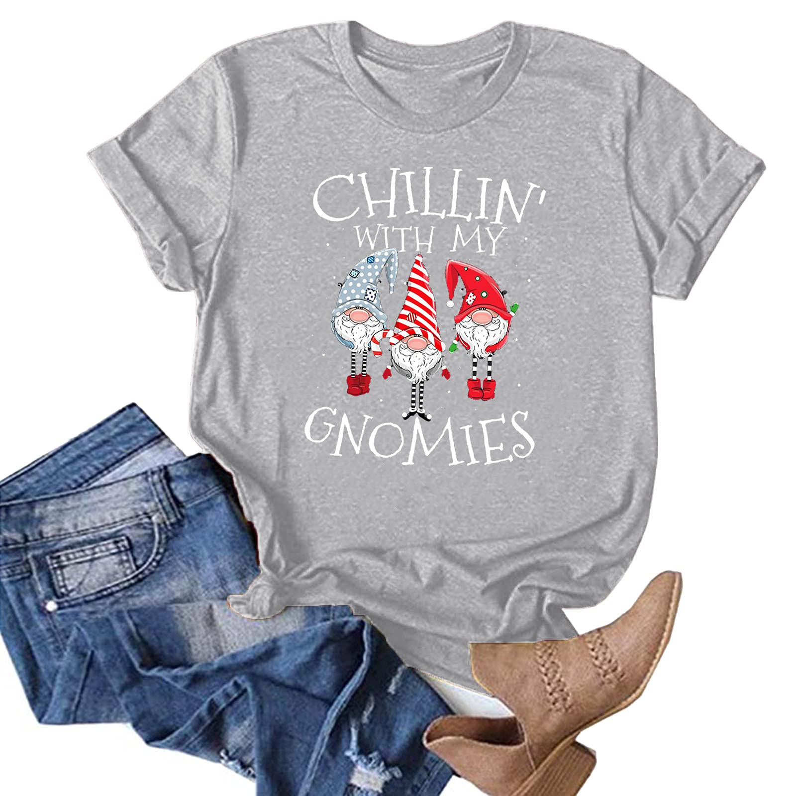 Women's Christmas Gnome Long Sleeve T-Shirt - Cute Round Neck Blouse with Striped, Plain & Plaid Designs - Perfect for Holiday Parties, Gift Exchanges & Festive Outfits