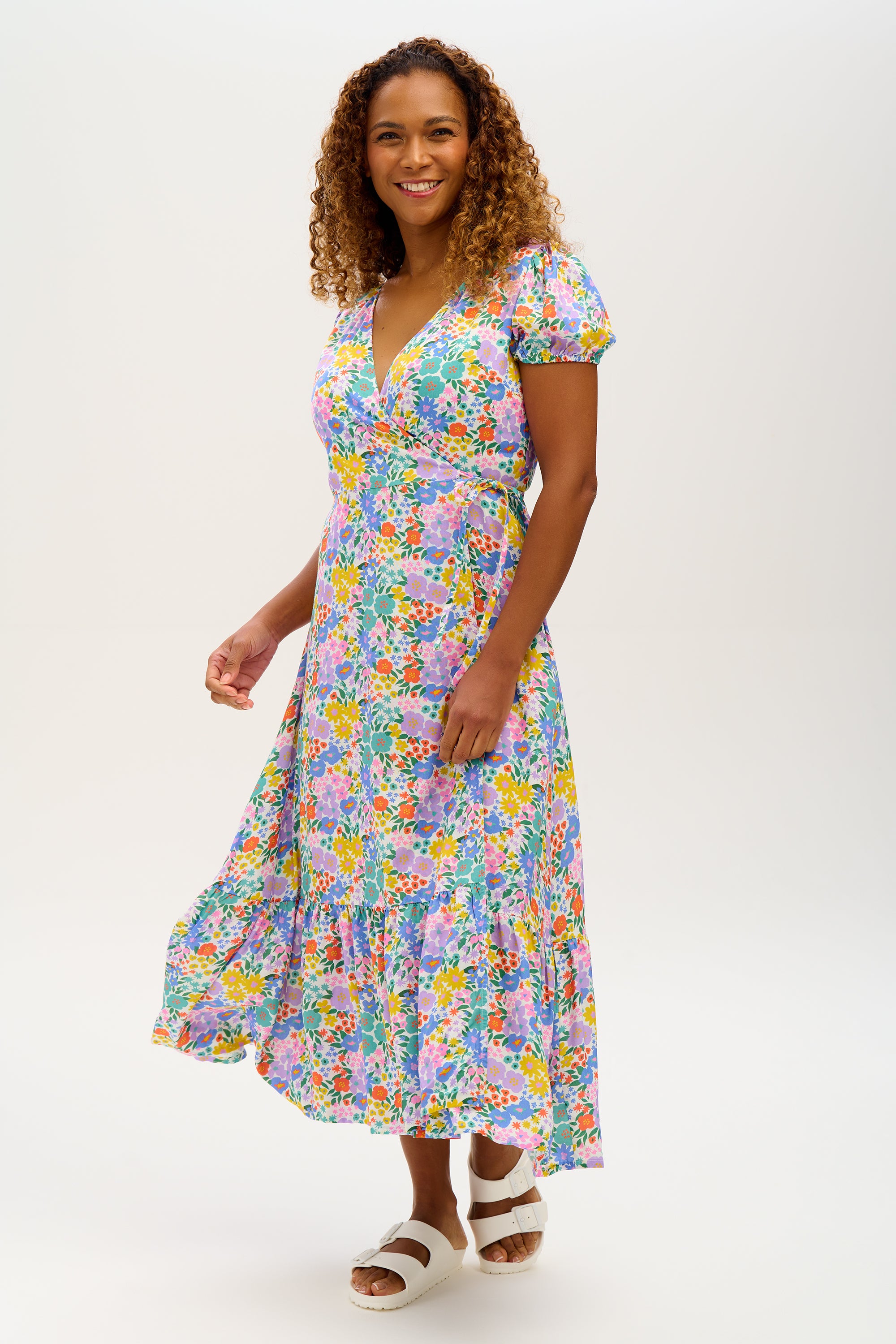 Jameela Women's Midi Wrap Dress with Floral Print - Elegant V-Neck, Adjustable Waist Tie, Short Sleeve Summer Dress for Casual Wear, Office, Date Night & Special Occasions