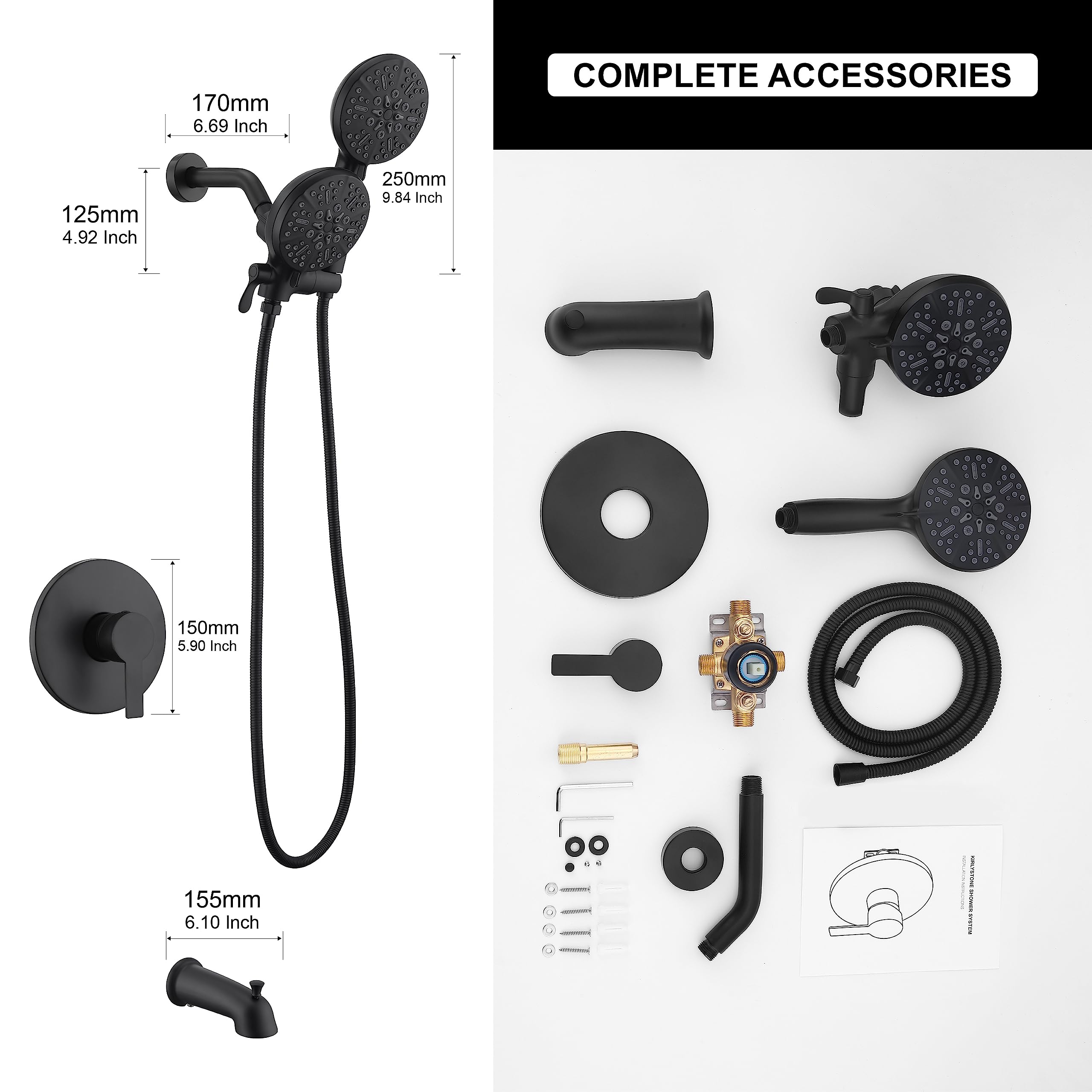 KIRLYSTONE Matte Black Shower Faucet Set - High Pressure Shower System with Rainfall Shower Head & Handheld Sprayer - Brass Valve Bathtub & Shower Trim Kit for Modern Bathroom Renovation (Perfect for Master Bath, Guest Bath & Spa-Like Shower Experience)