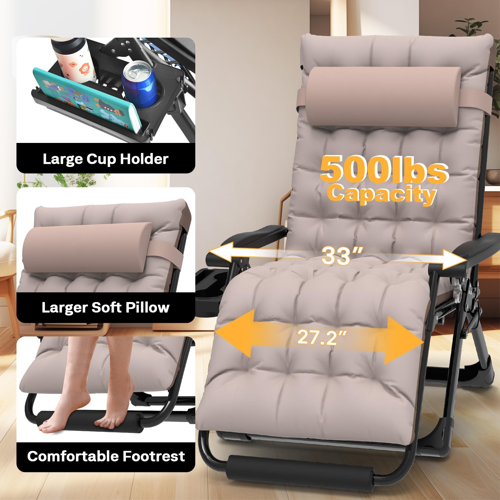 Slendor Oversized Zero Gravity Chair XXL - 33In Padded Reclining Lounge Chair with Headrest & Cup Holder, Heavy Duty 500lbs Capacity, Aluminum Alloy Lock, Foldable Patio Furniture for Outdoor Relaxation - Perfect for Backyard, Poolside, Camping & Beach (Beige)