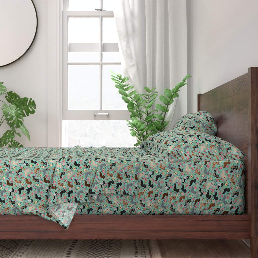 Custom Printed 100% Cotton Twin 3-Piece Sheet Set - Floral Dachshund Dog Pattern in Mint & Pink | Vintage Cute Bedding for Kids Room & Guest Bedroom