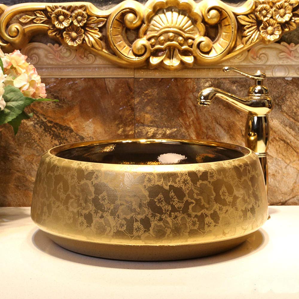 Handmade Golden Porcelain Vessel Sink - Artisan Ceramic Countertop Bathroom Basin (Sink Only) | Modern Vanity Sink for Luxury Bathrooms & Powder Rooms