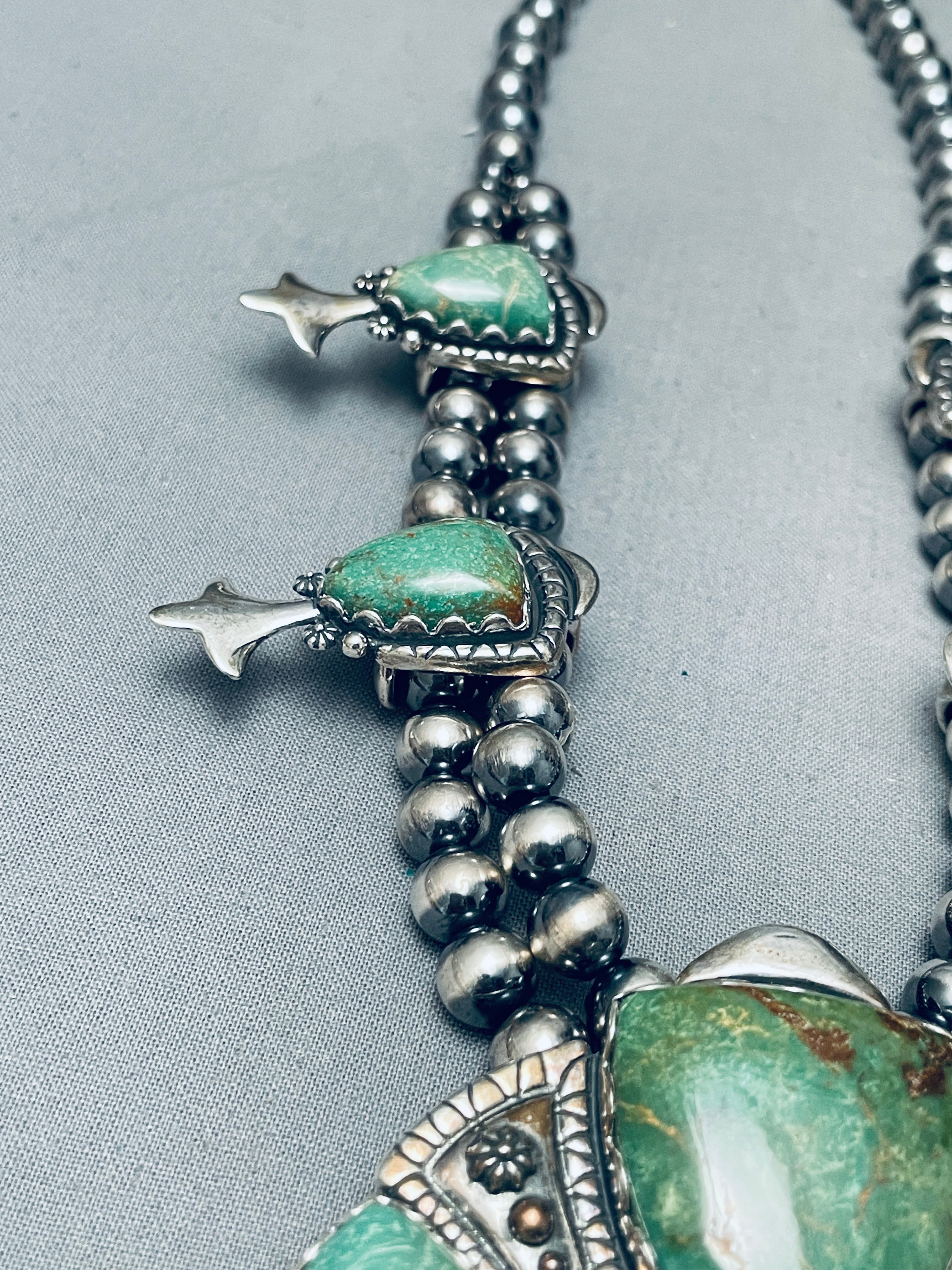 129 Grams Vintage Green Turquoise Sterling Silver Squash Blossom Necklace - Handmade Southwest Jewelry for Women, Boho Chic Accessory - Perfect for Festivals, Weddings & Special Occasions