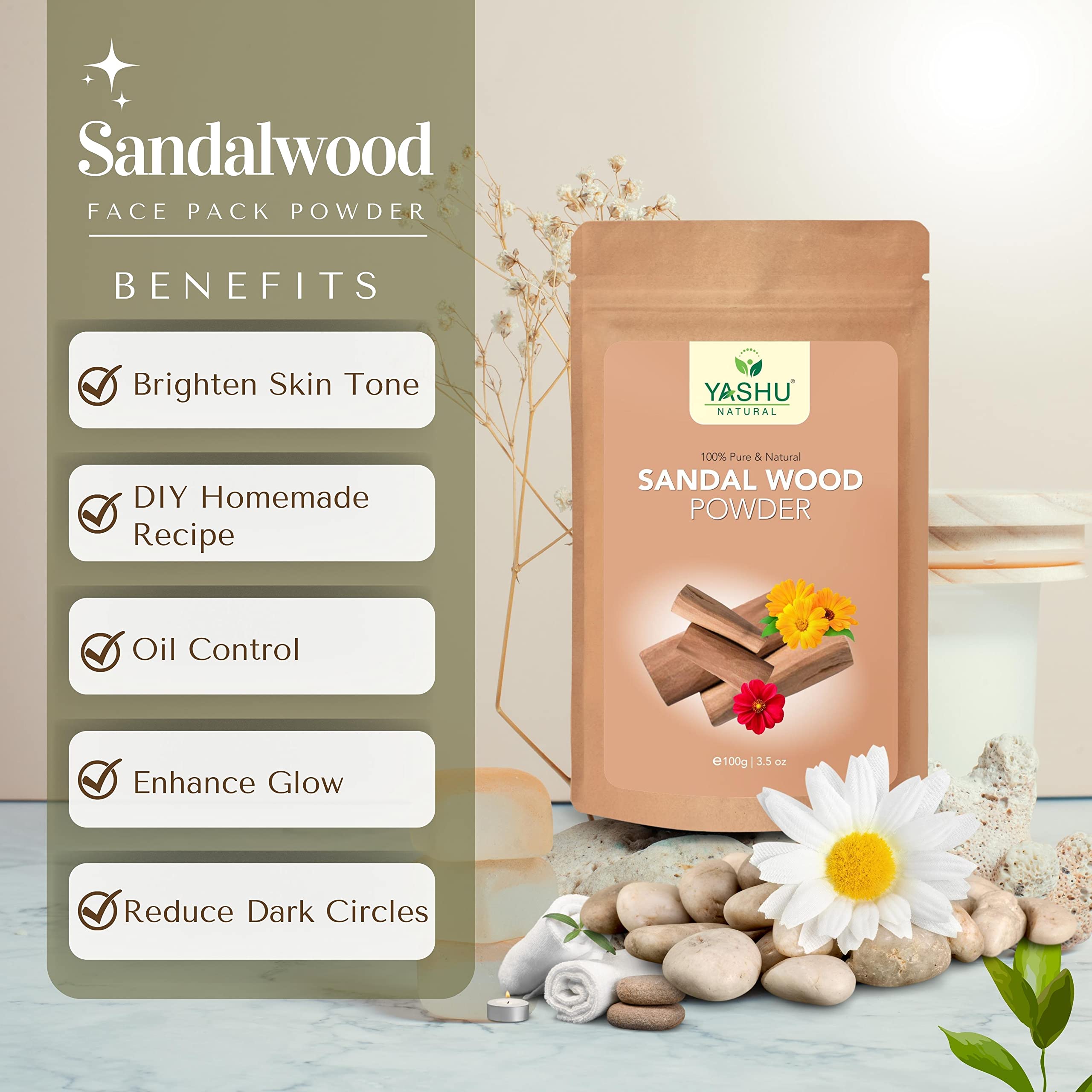 YASHU Pure Sandalwood & Organic Licorice Face Pack Powder - Natural Glow & Oil Control for Healthy Skin | 200g Ayurvedic Skincare for Daily Use & Spa Treatments