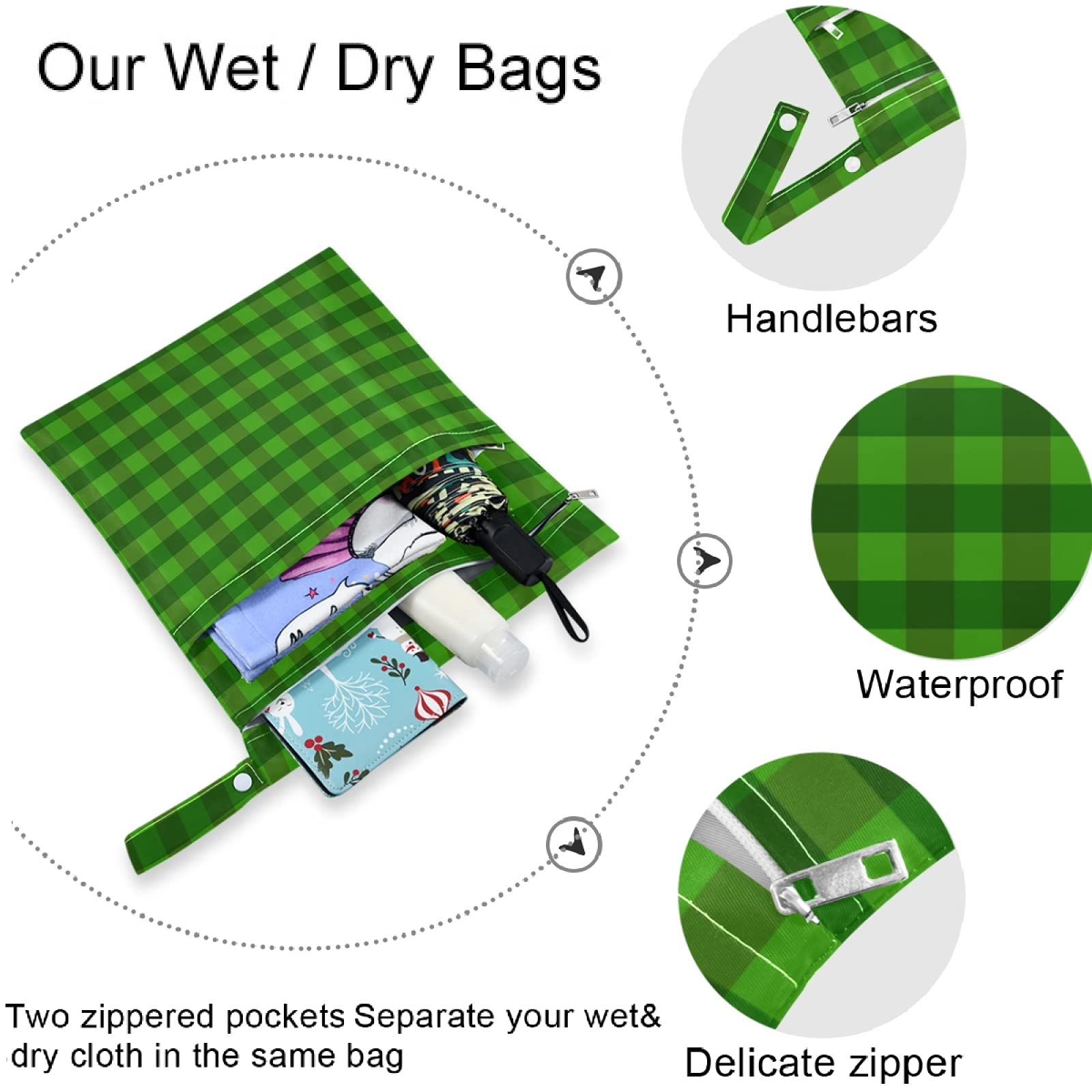 Visesunny 2-Pack Green Stripe Grid Wet Bags with Zippered Pockets - Reusable & Washable Waterproof Storage for Diapers, Swimsuits, Gym Clothes & Toiletries - Perfect for Travel, Beach, Pool, Daycare & Stroller Organization